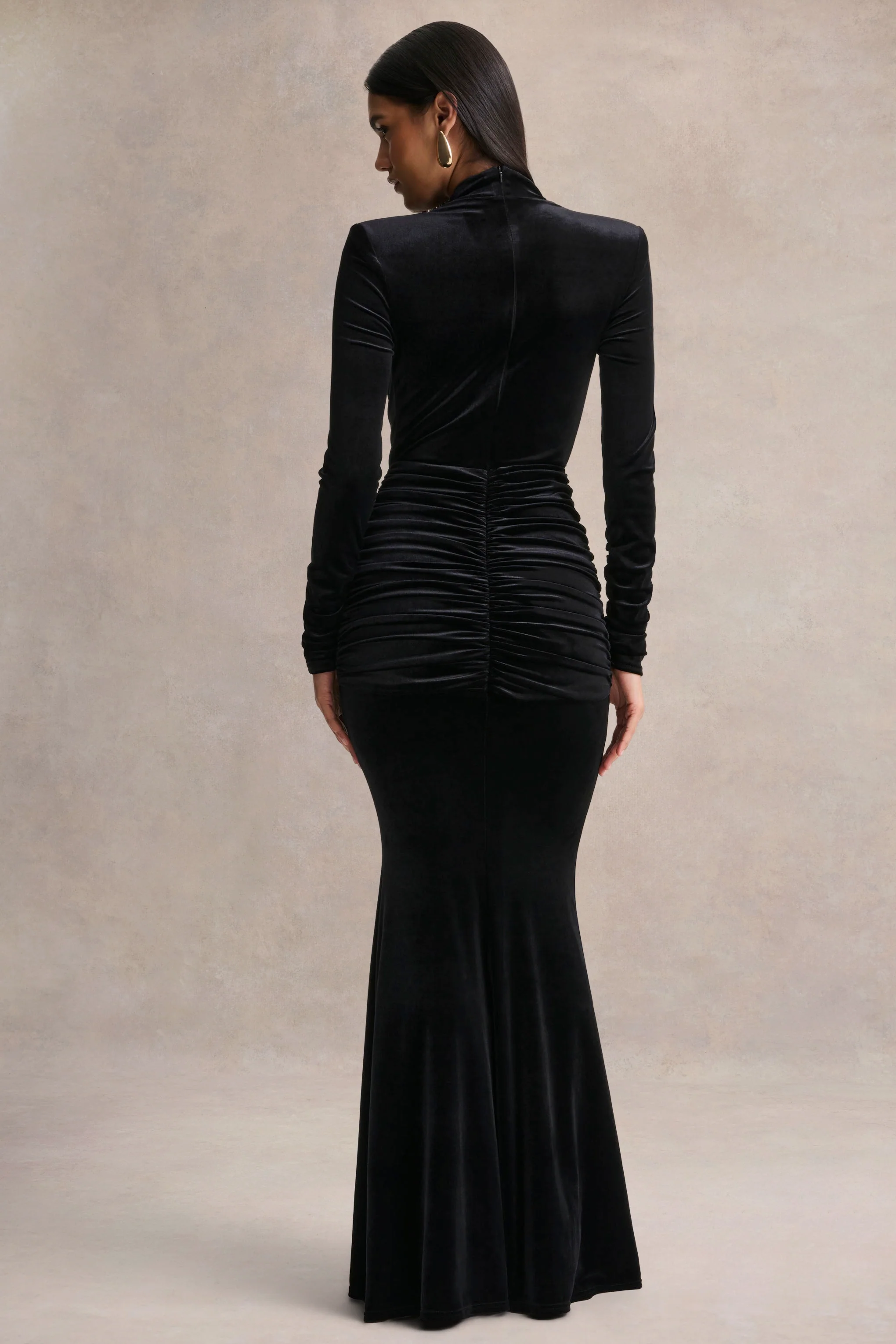 Halima | Black Velvet Plunge-Neck Maxi Dress With Gathered Detailing - Image 2