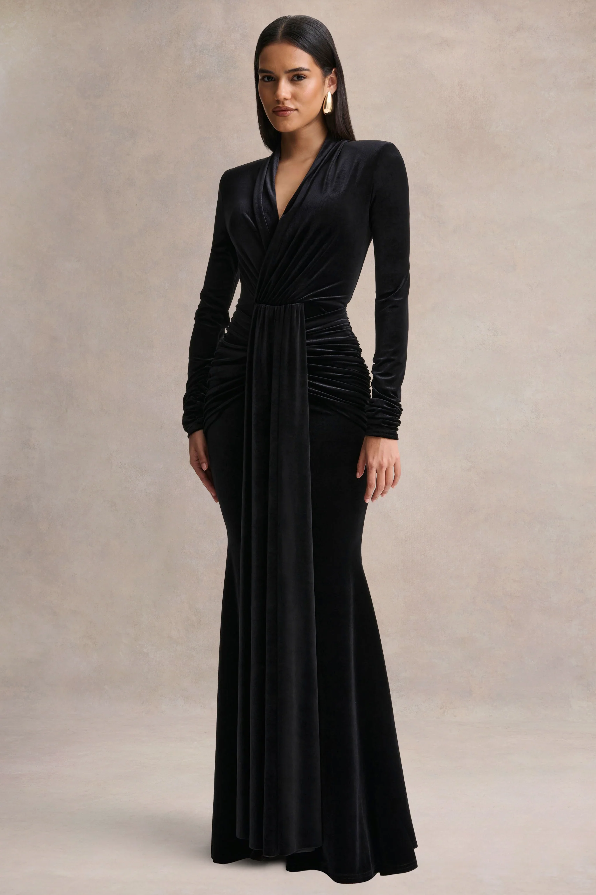 Halima | Black Velvet Plunge-Neck Maxi Dress With Gathered Detailing - Image 4
