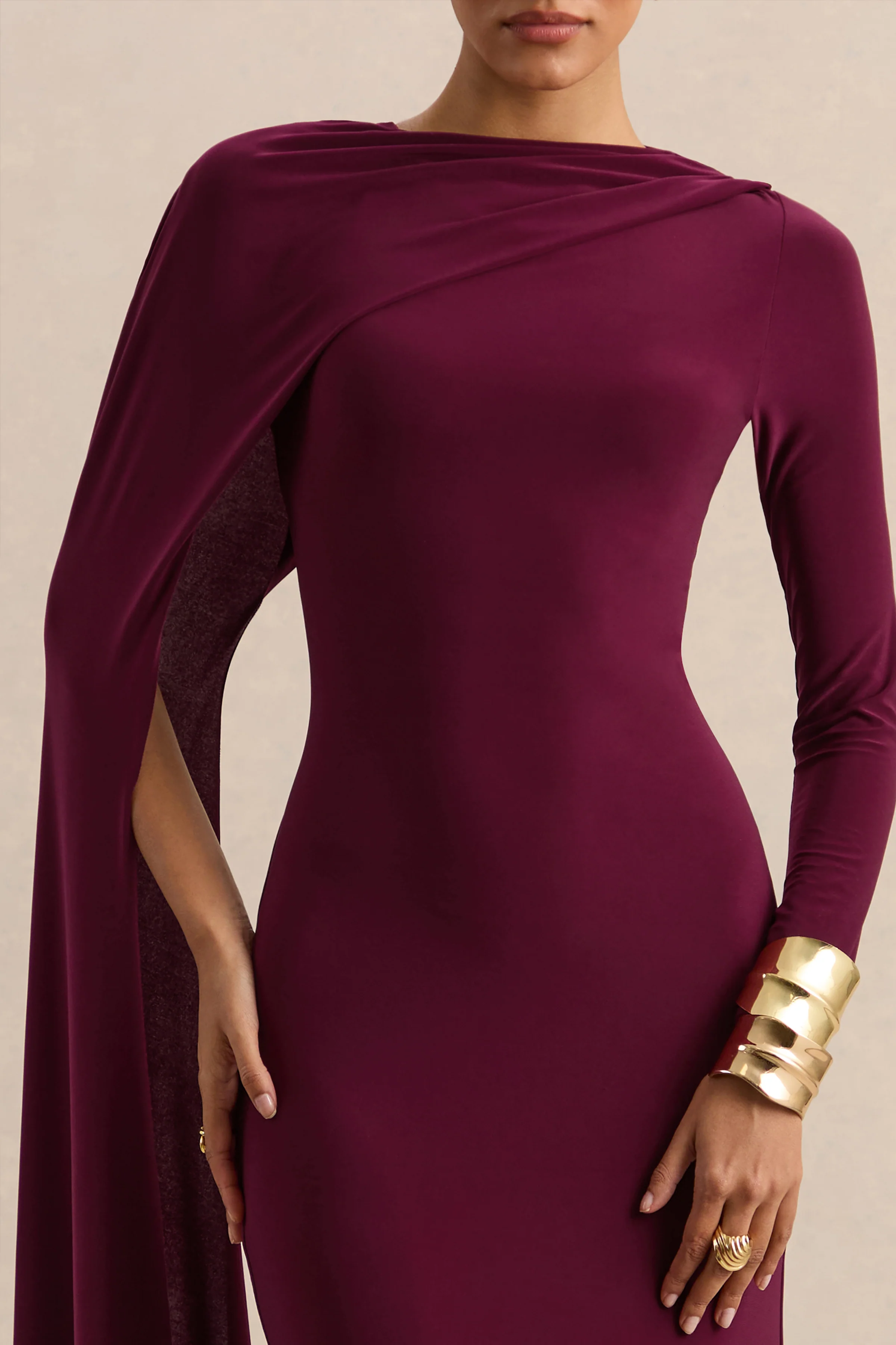Halina | Burgundy High-Neck Maxi Dress With Cape-Sleeve - Image 3