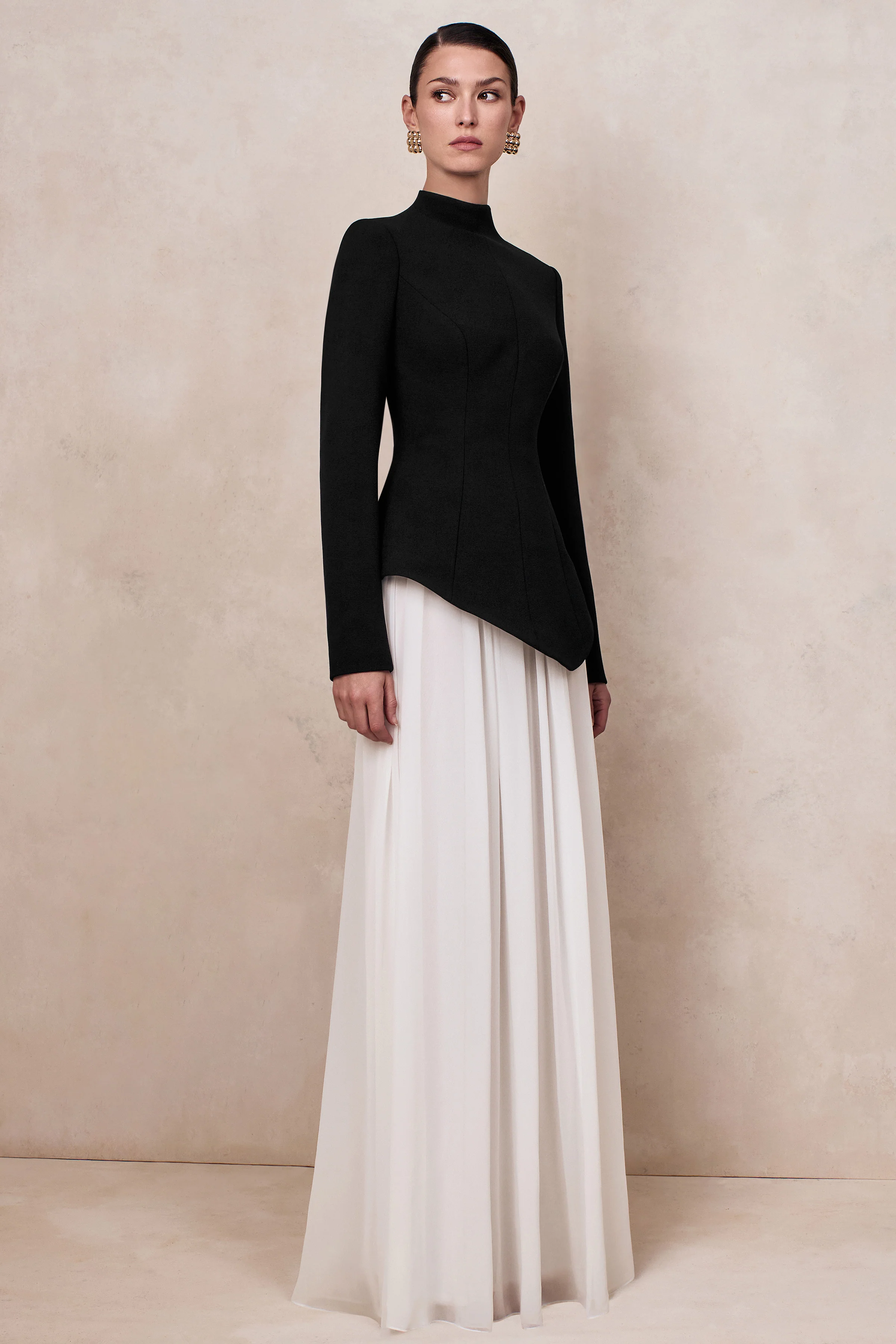 Halma | Black & White High-Neck Maxi Dress With Drop-Waist - Image 4