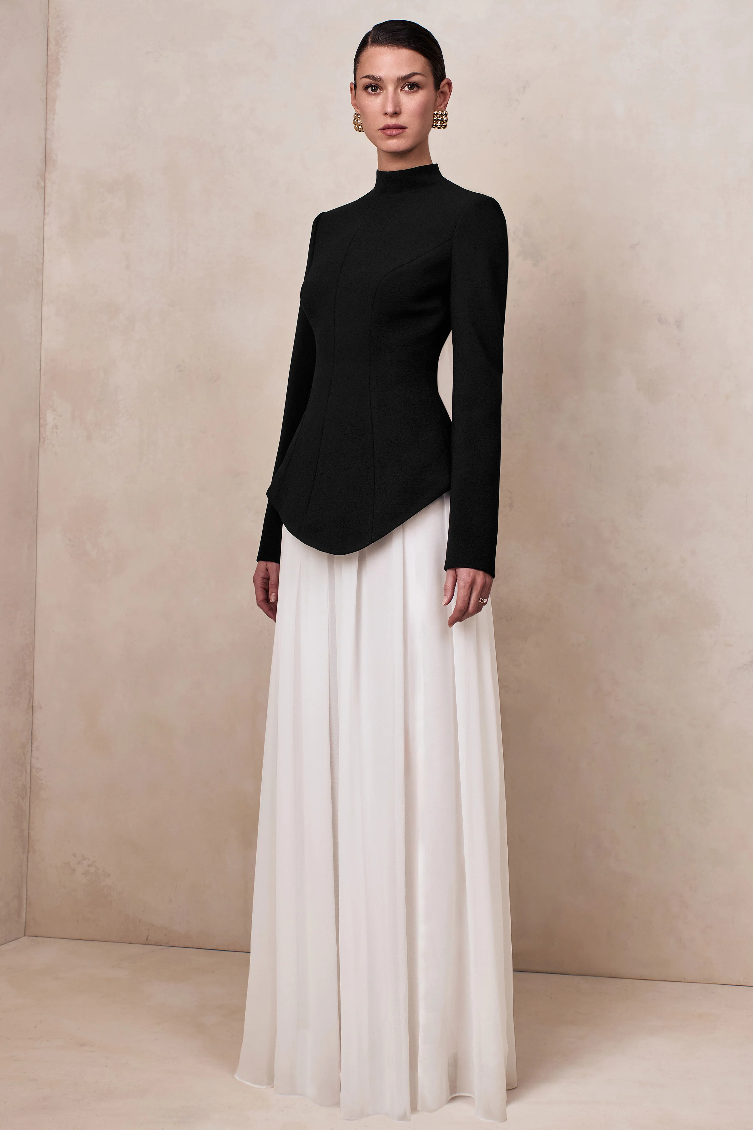 Halma | Black & White High-Neck Maxi Dress With Drop-Waist - Image 6