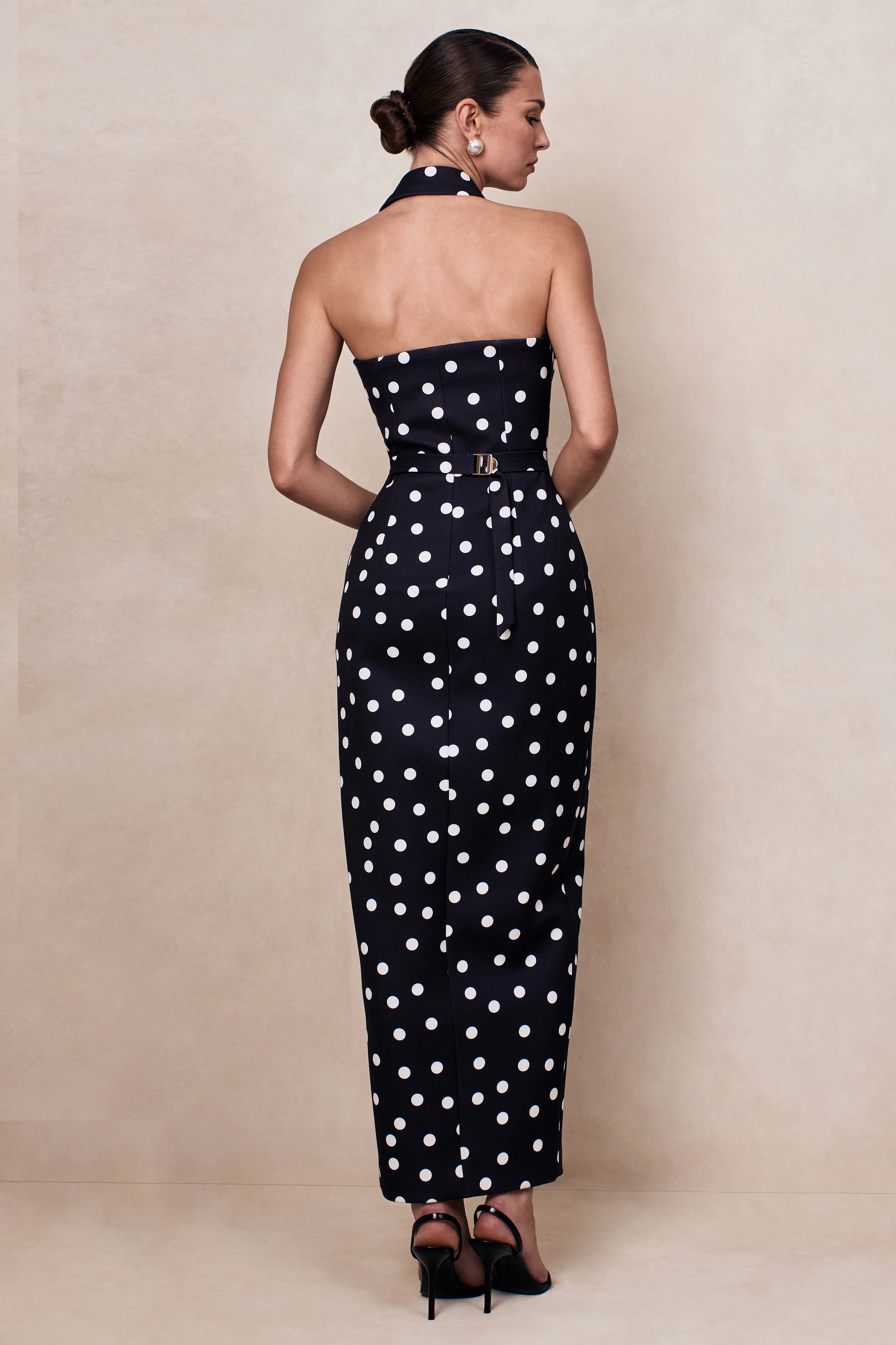 Hana | Black & White Polka Dot Plunge-Neck Tailored Maxi Dress - Image 2