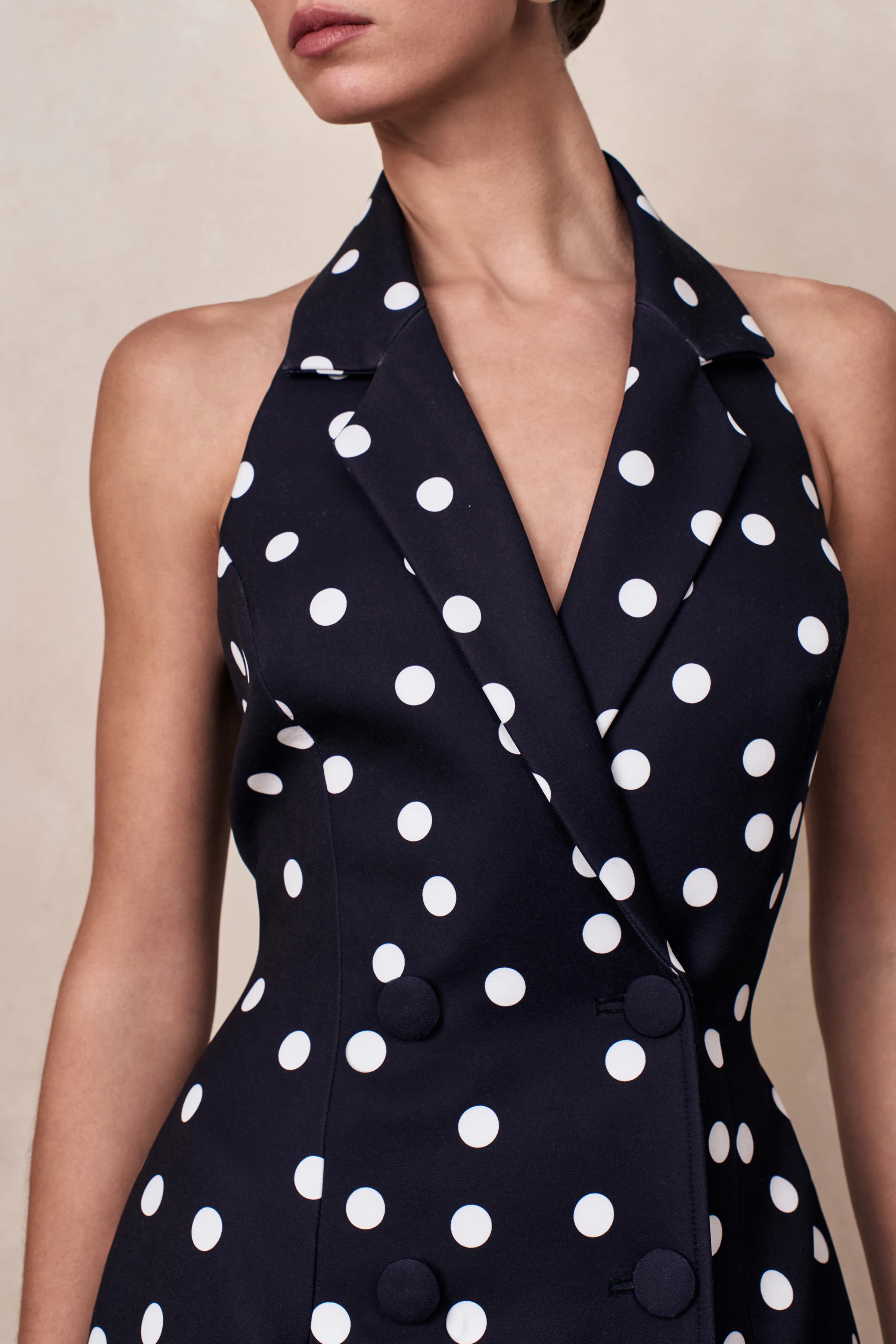 Hana | Black & White Polka Dot Plunge-Neck Tailored Maxi Dress - Image 7