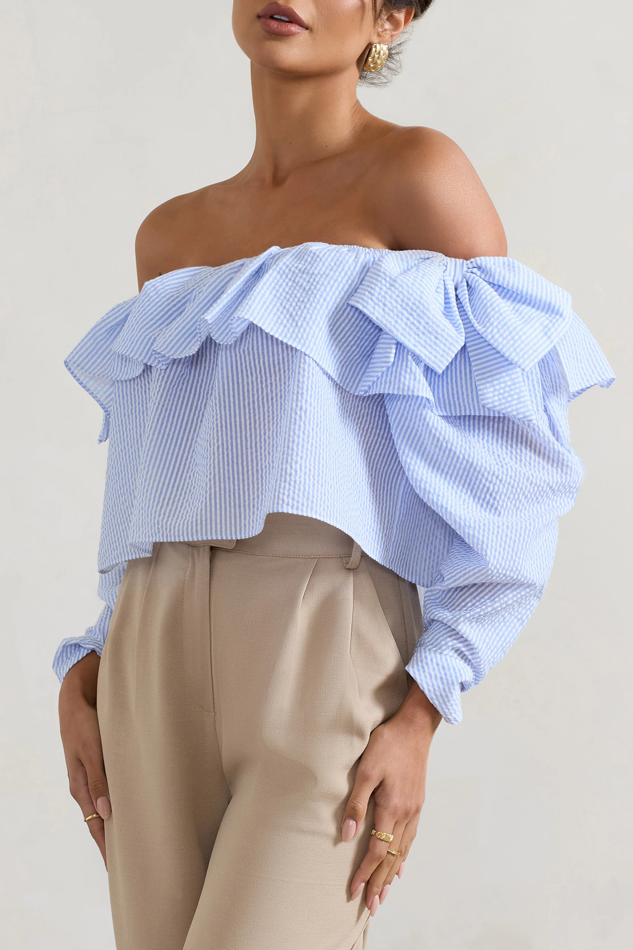 Harbour | Blue Pinstripe Bardot Puff-Sleeve Top With Bows - Image 3