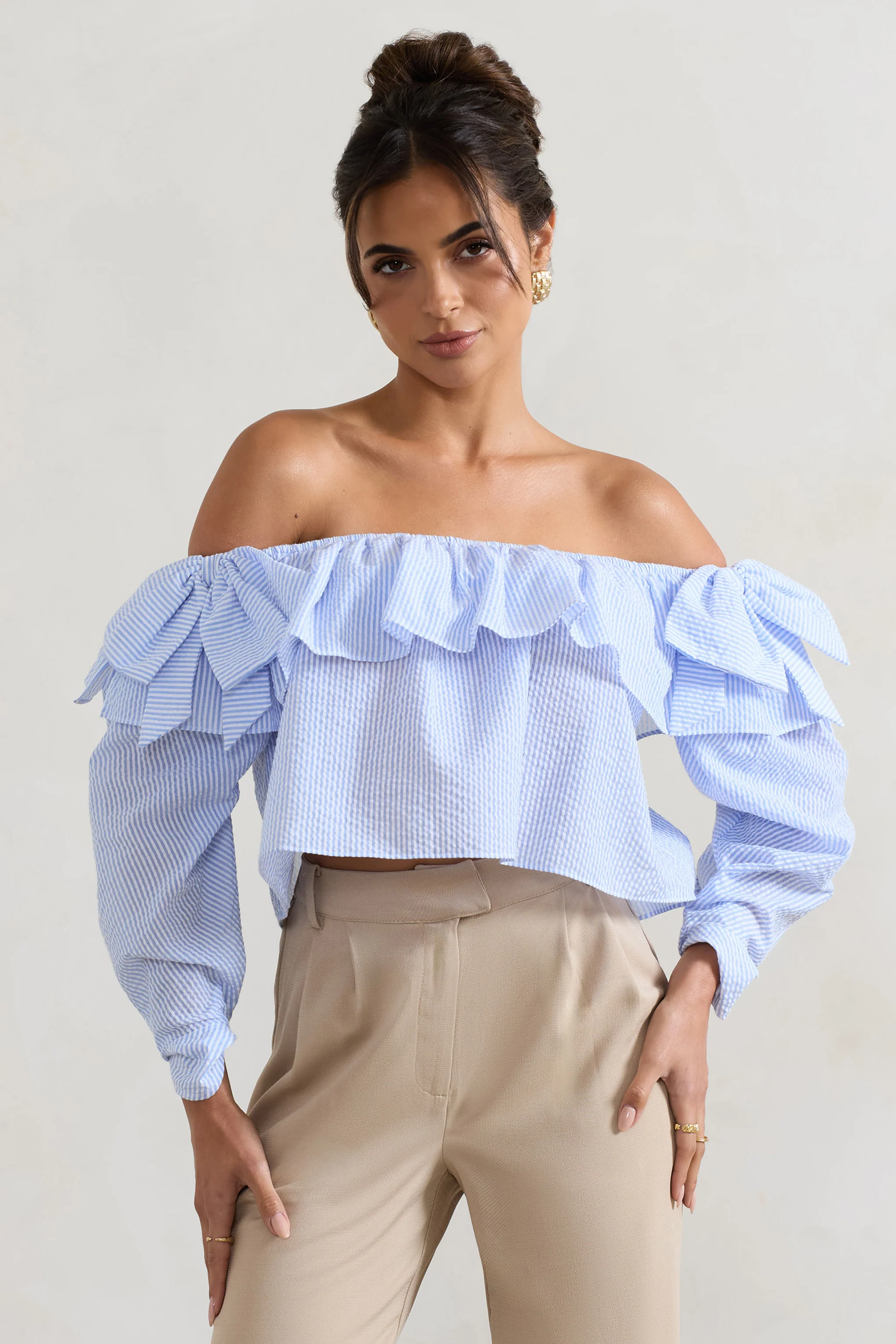 Harbour | Blue Pinstripe Bardot Puff-Sleeve Top With Bows - Image 4