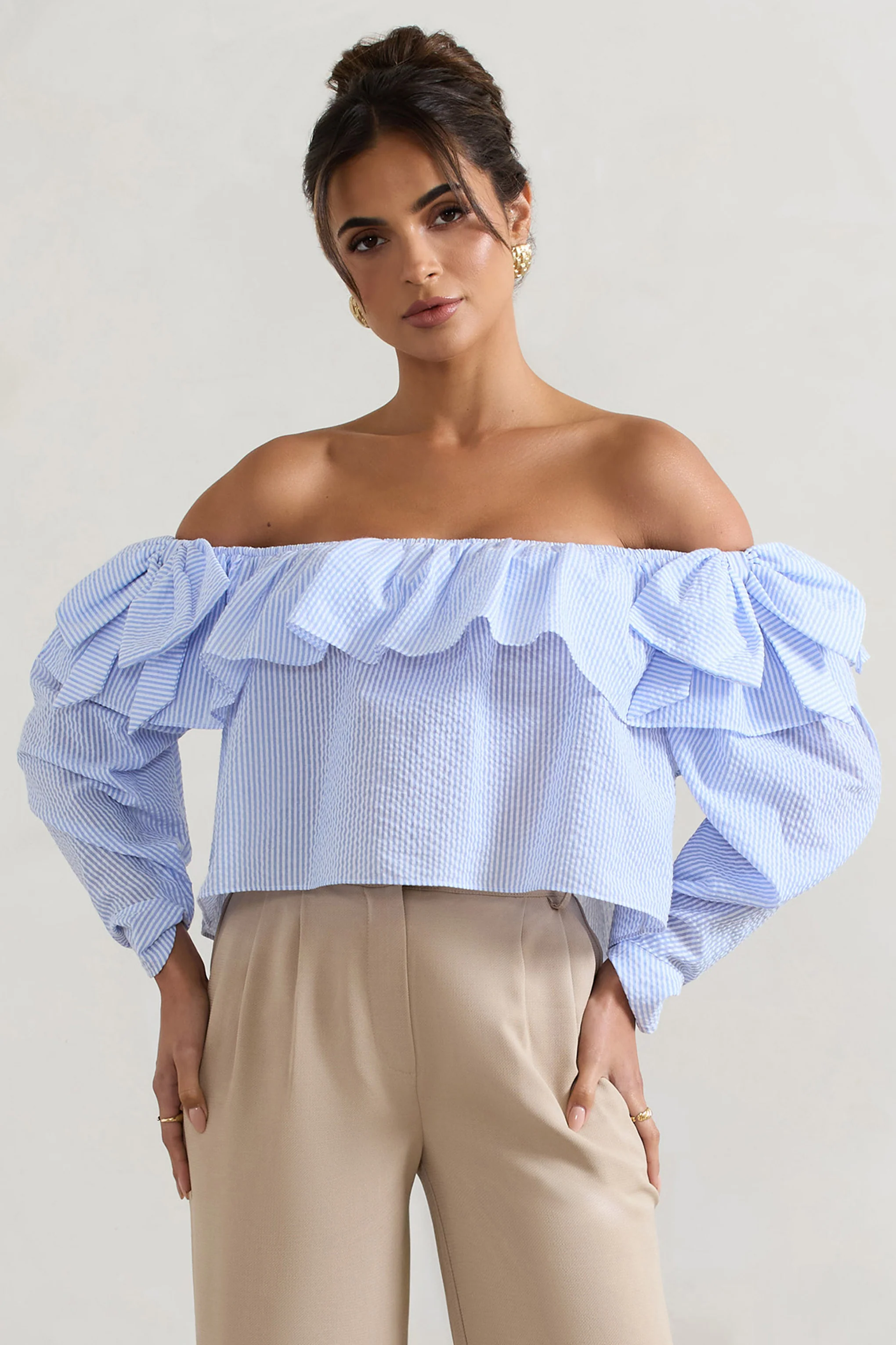 Harbour | Blue Pinstripe Bardot Puff-Sleeve Top With Bows - Image 5