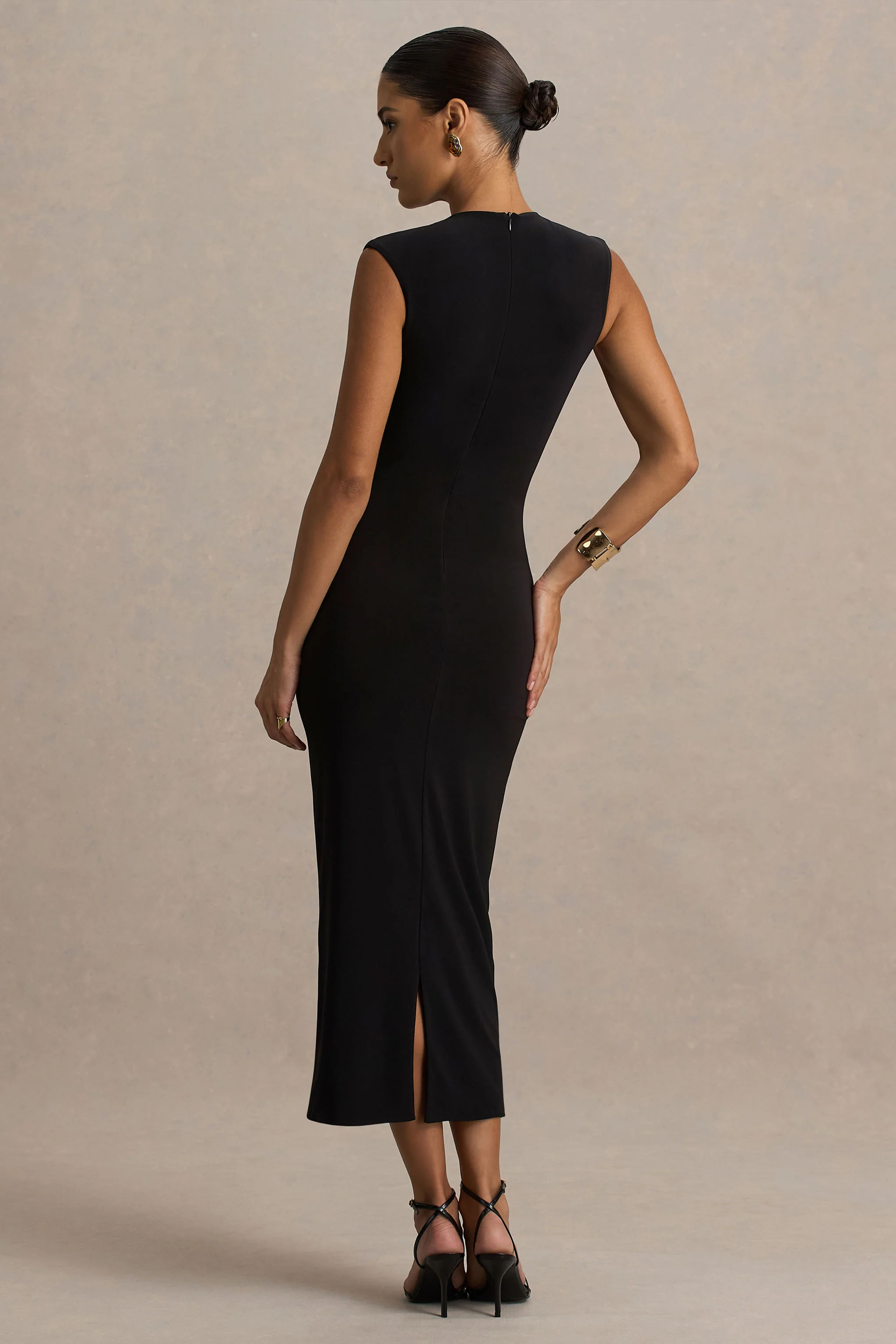 Harlow | Black Crew-Neck Wrapped Midi Dress - Image 2