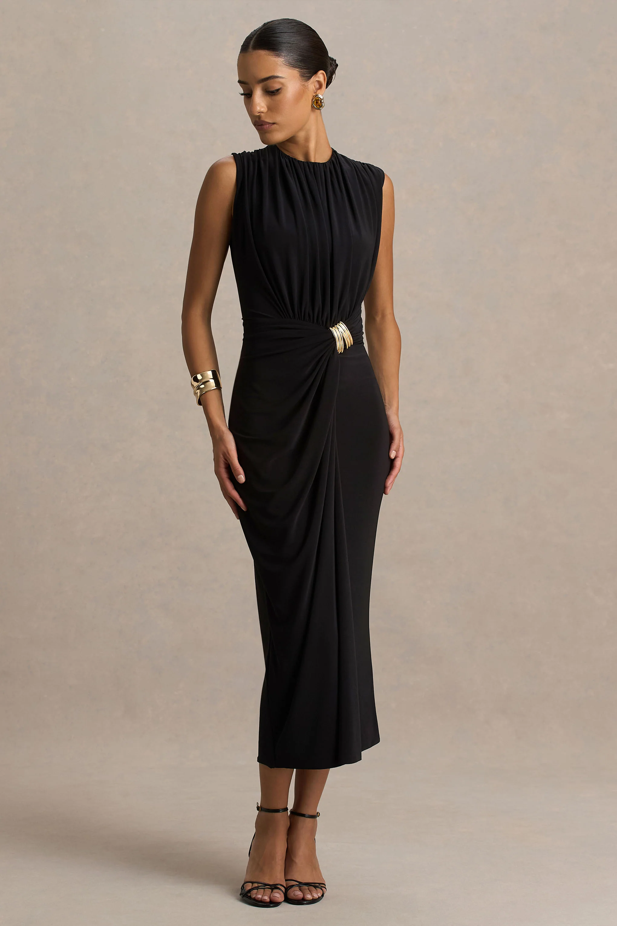 Harlow | Black Crew-Neck Wrapped Midi Dress - Image 5