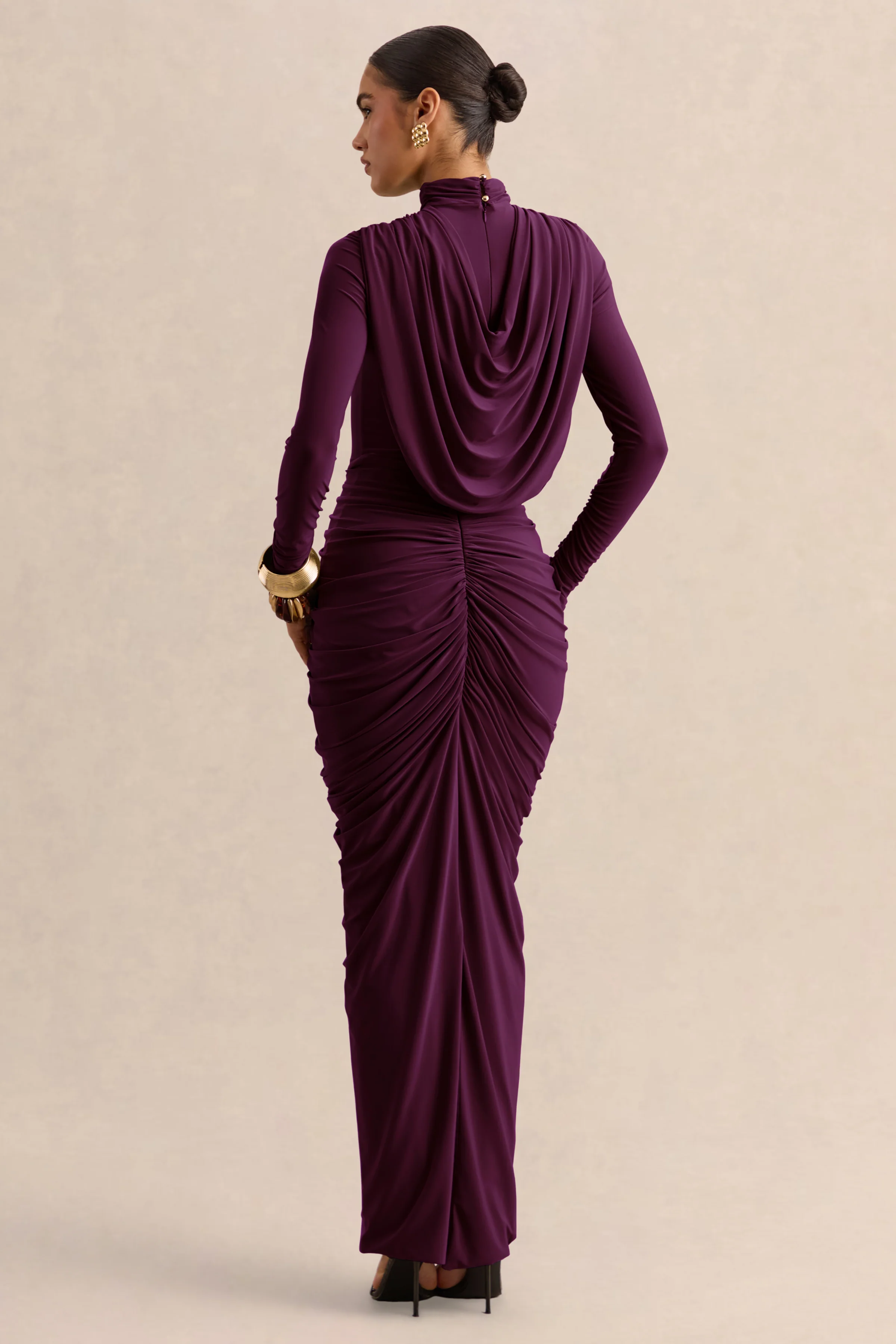 Harmona | Dark Plum High-Neck Maxi Dress With Gathered And Draped-Detailing - Image 2