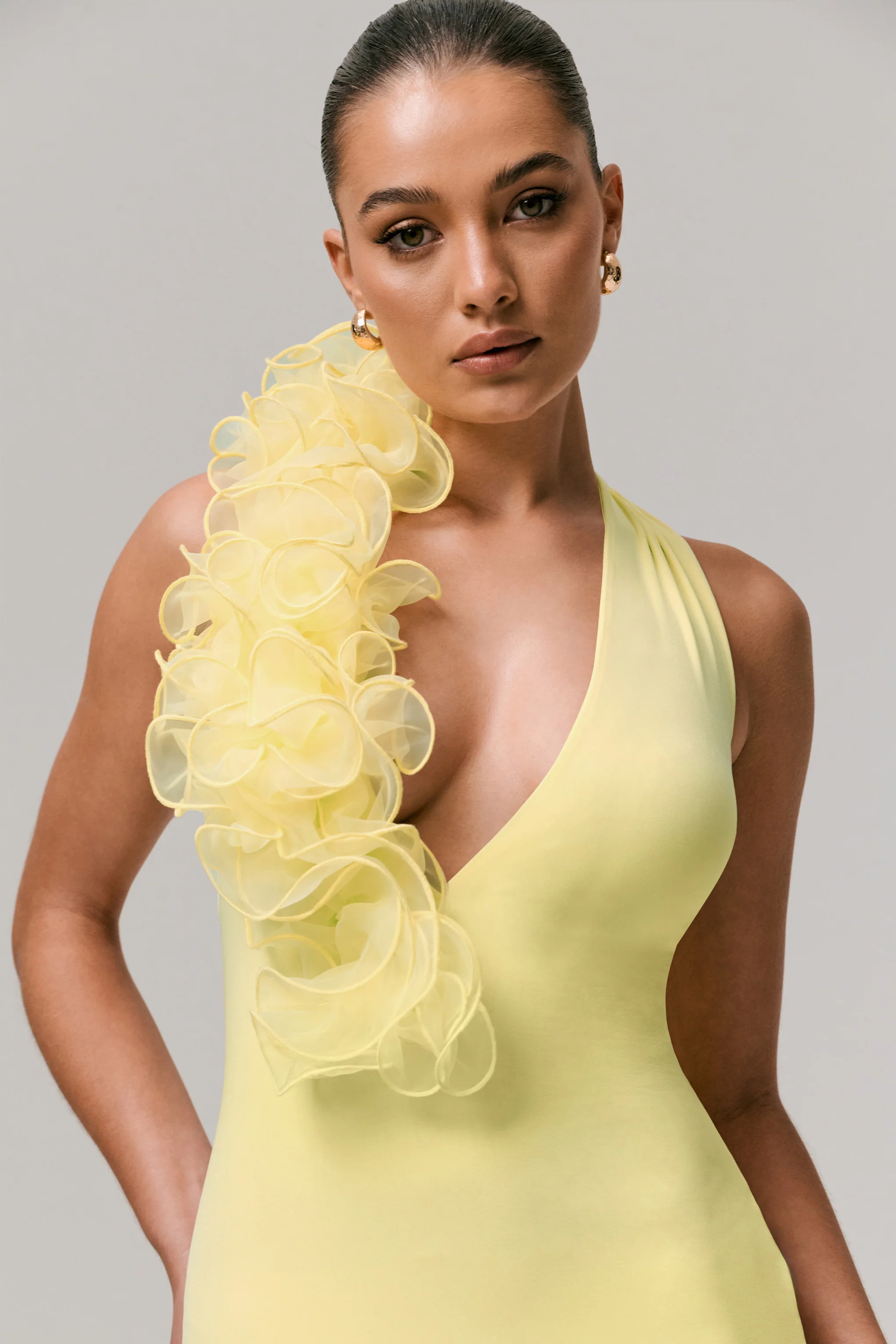 Harriet | Lemon Plunge-Neck Maxi Dress With Floral Detail - Image 5