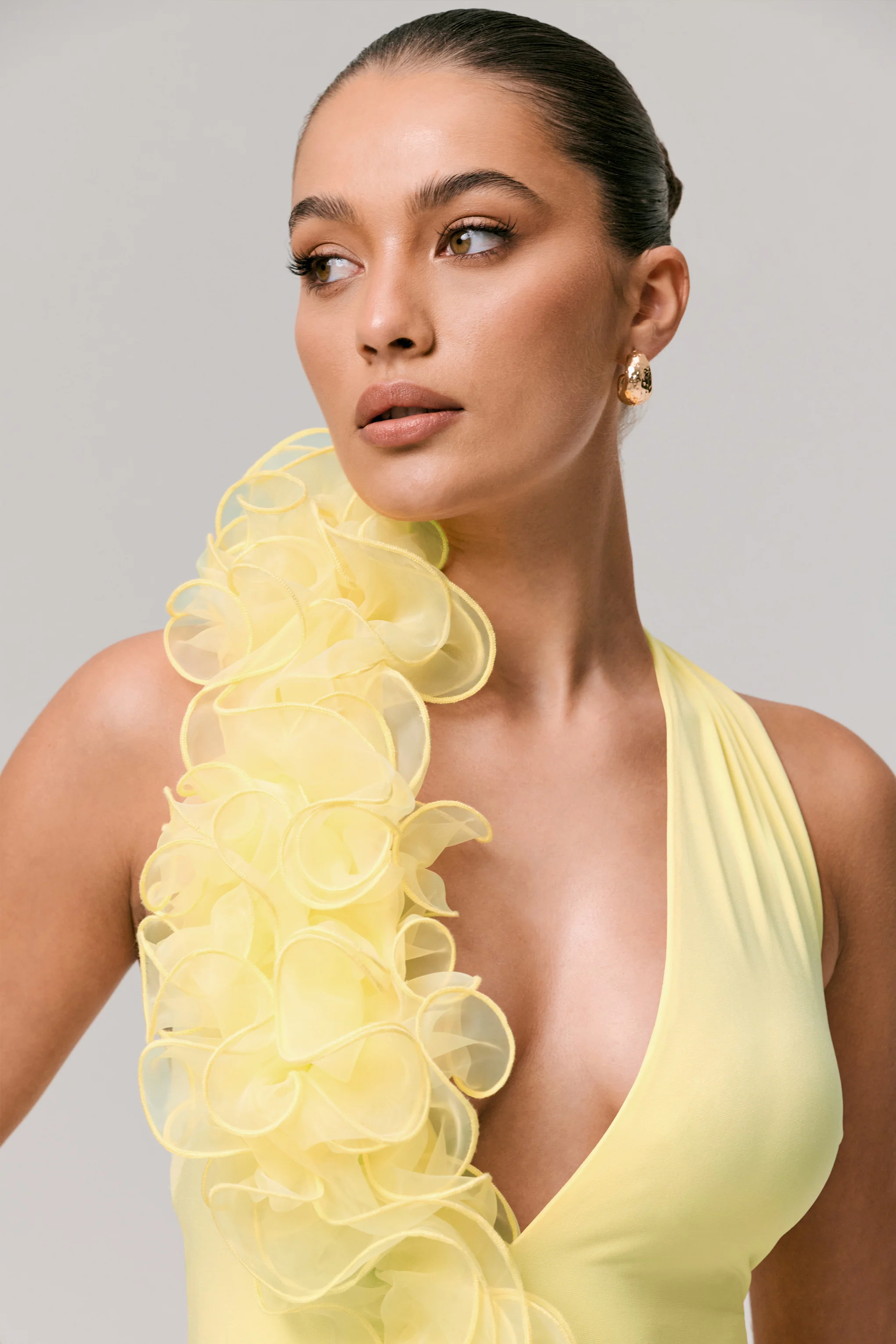 Harriet | Lemon Plunge-Neck Maxi Dress With Floral Detail - Image 6