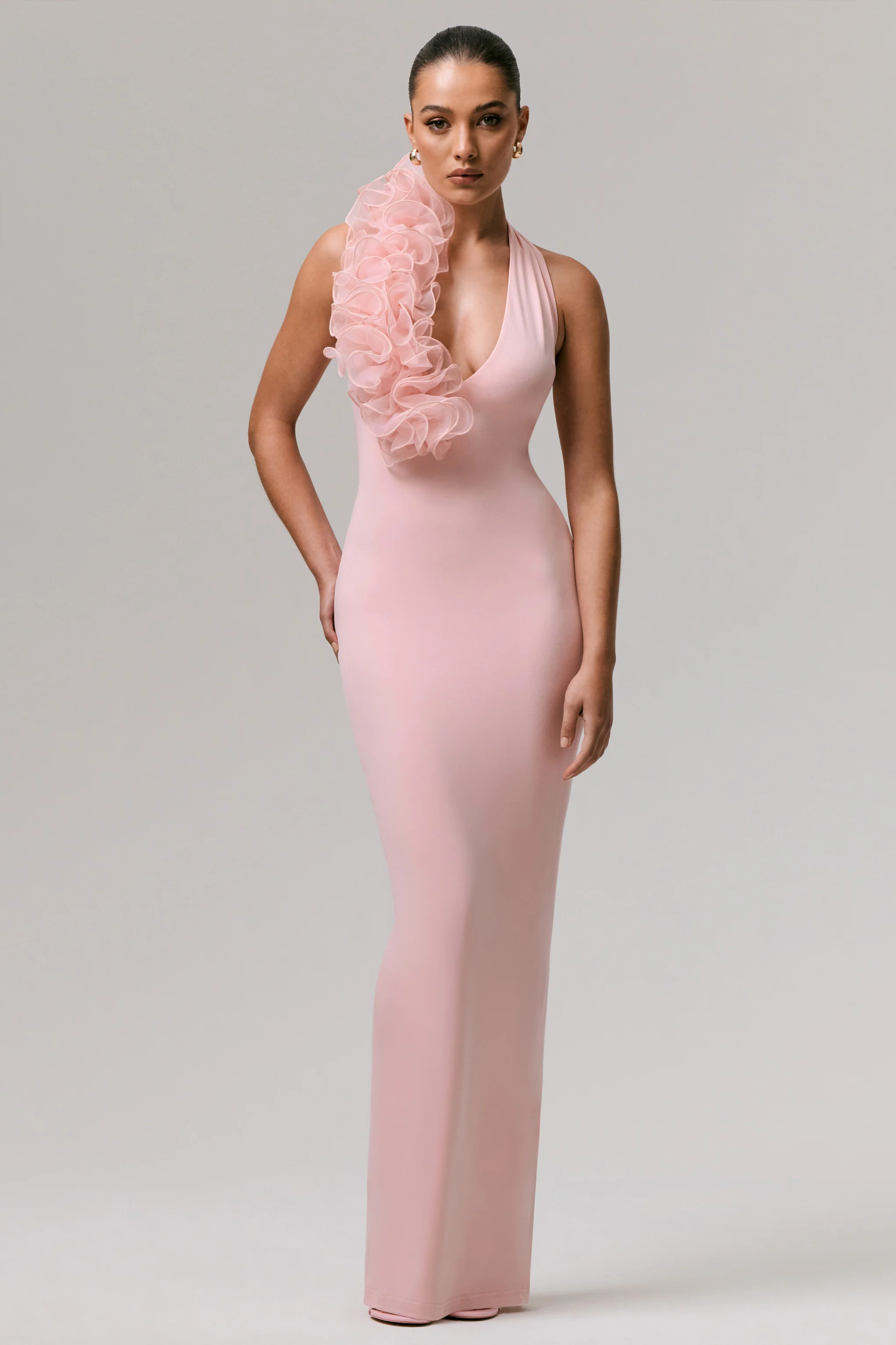 Harriet | Pink Plunge-Neck Maxi Dress With Floral Detail - Image 4