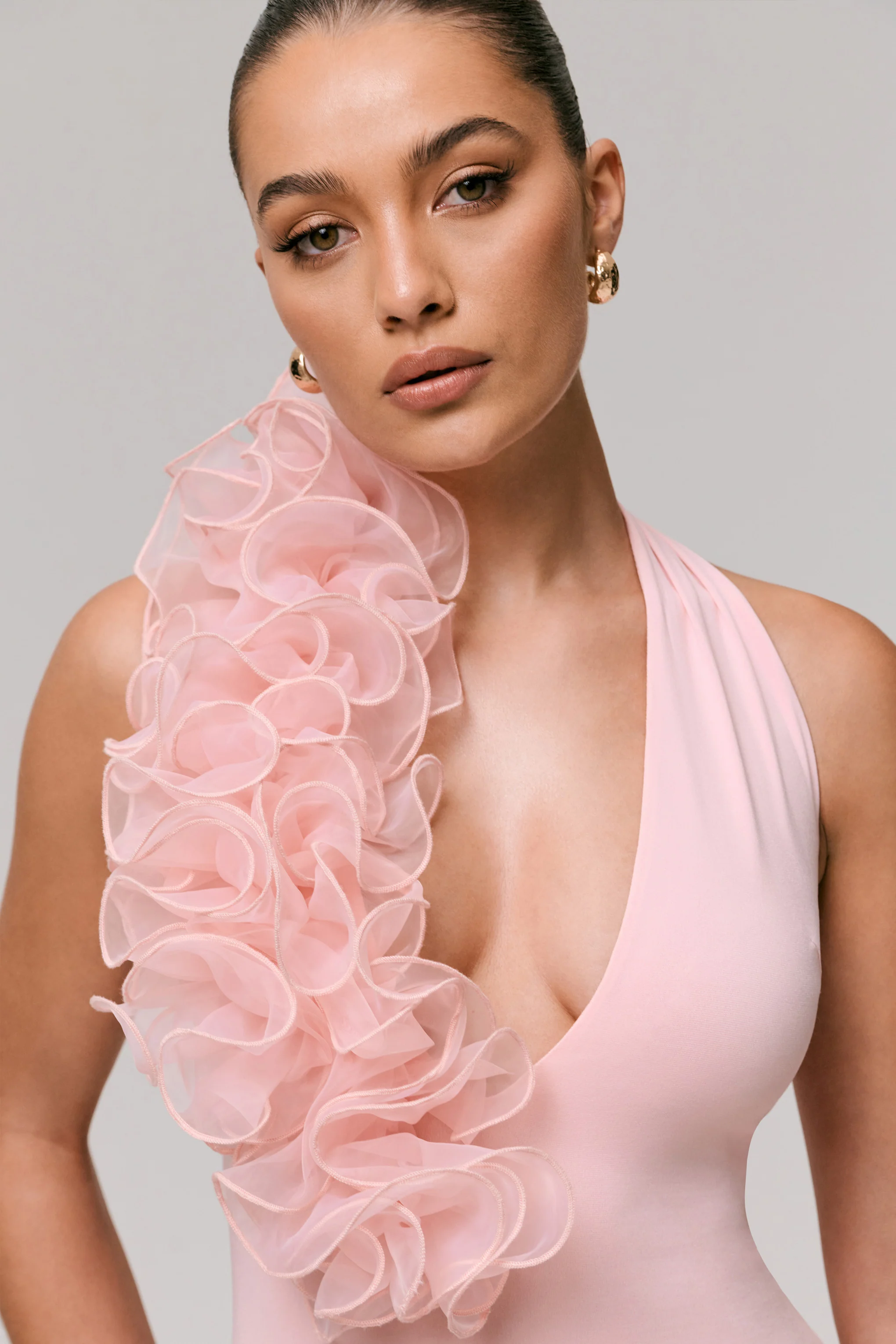 Harriet | Pink Plunge-Neck Maxi Dress With Floral Detail - Image 6