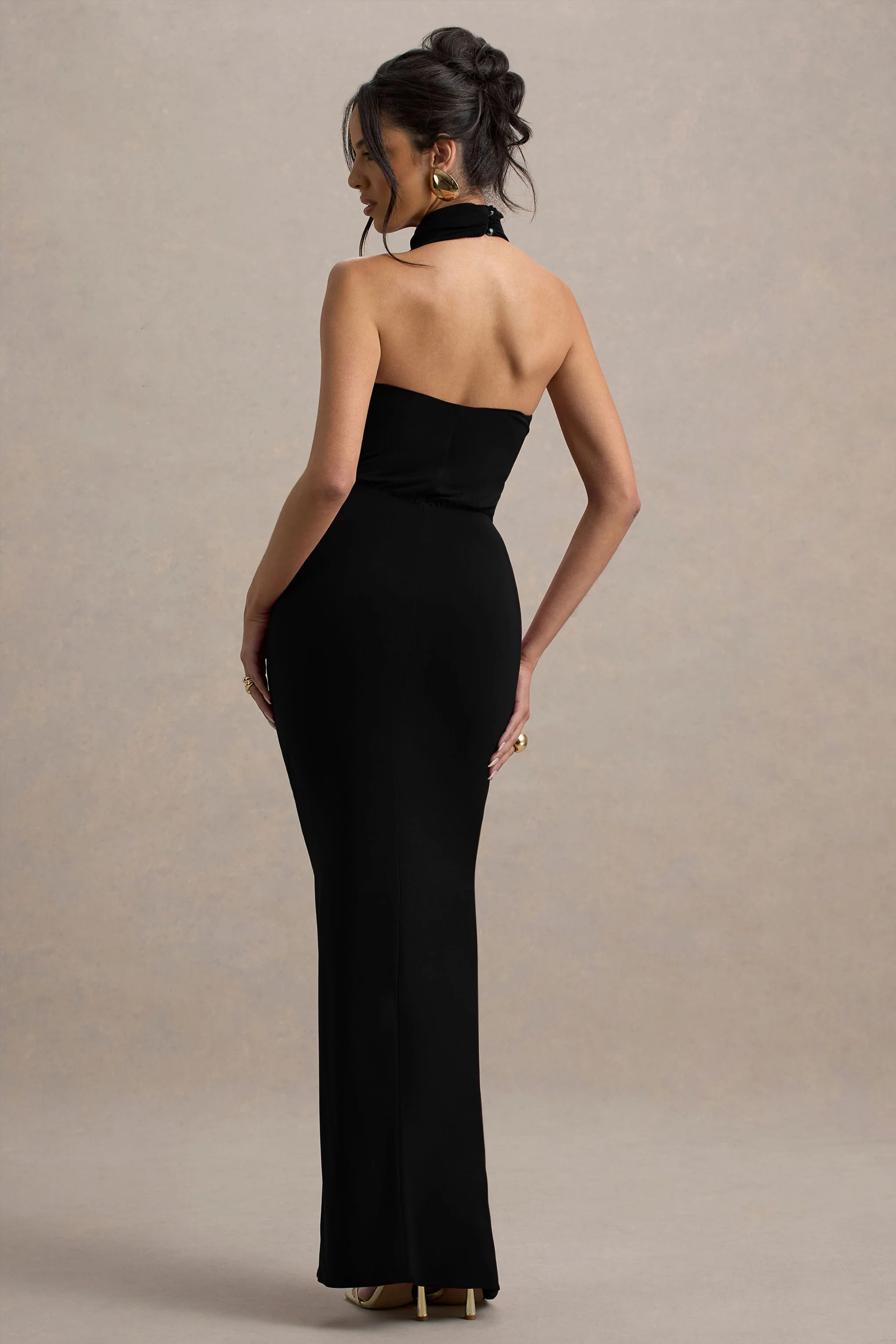 Hayden | Black High-Neck Draped Split Maxi Dress - Image 2