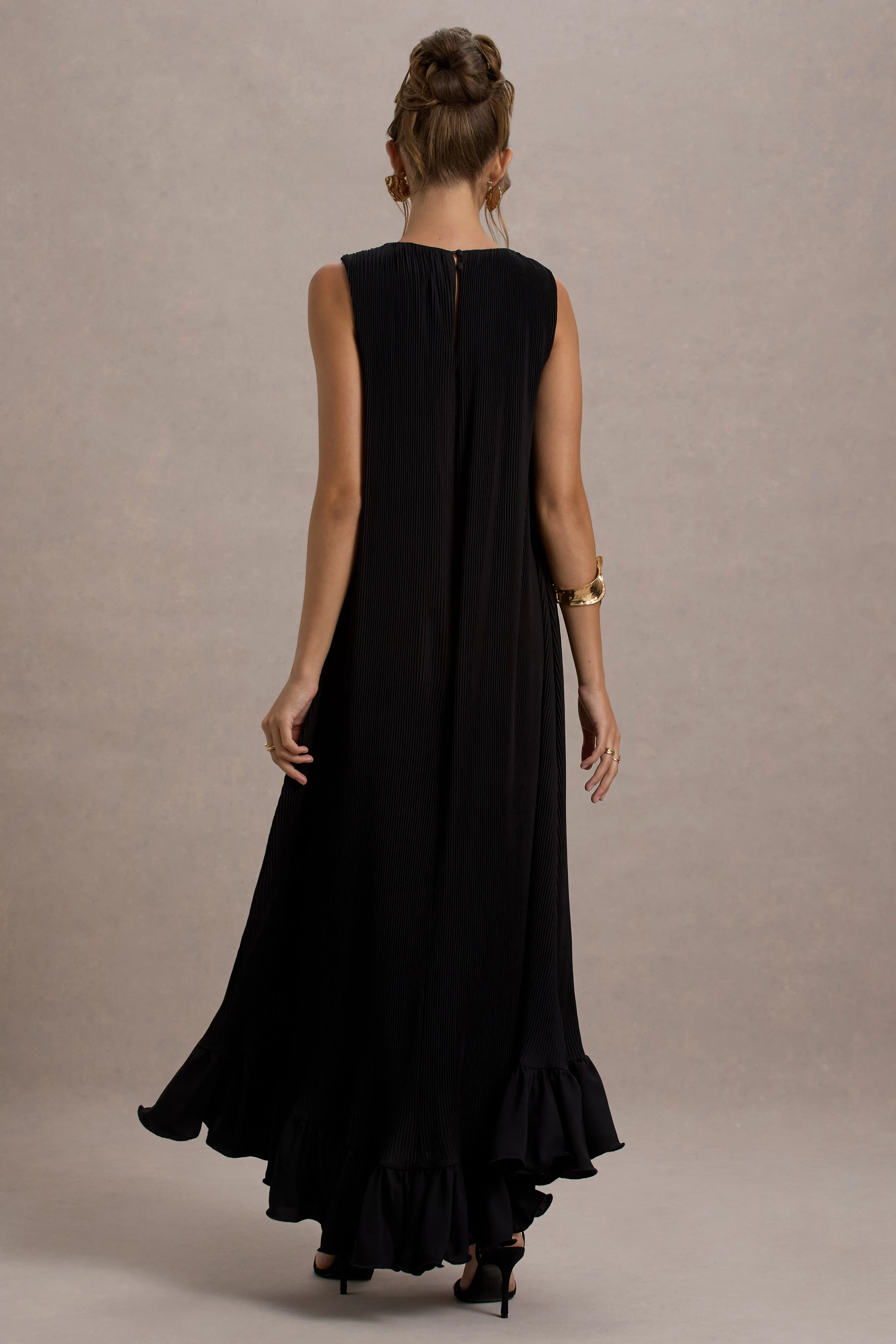 Hazelle | Black Chiffon A-Line Ruffled Maxi Dress - Image 2