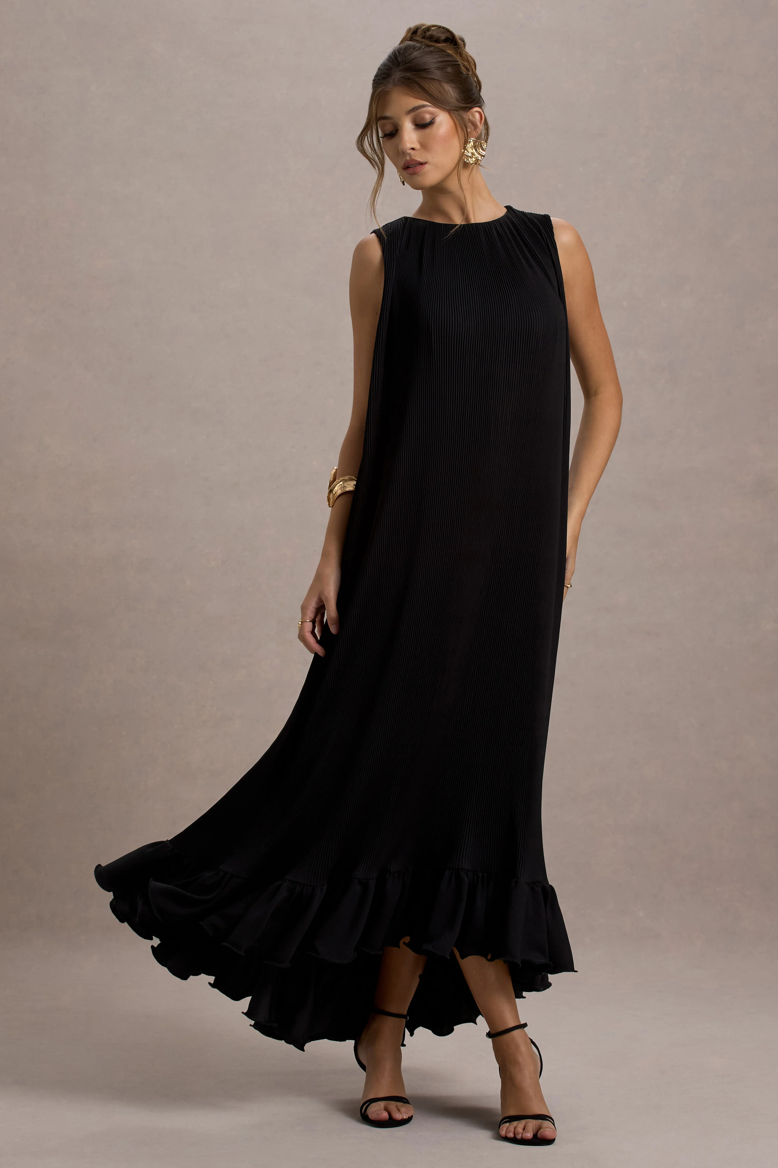 Hazelle | Black Chiffon A-Line Ruffled Maxi Dress - Image 4