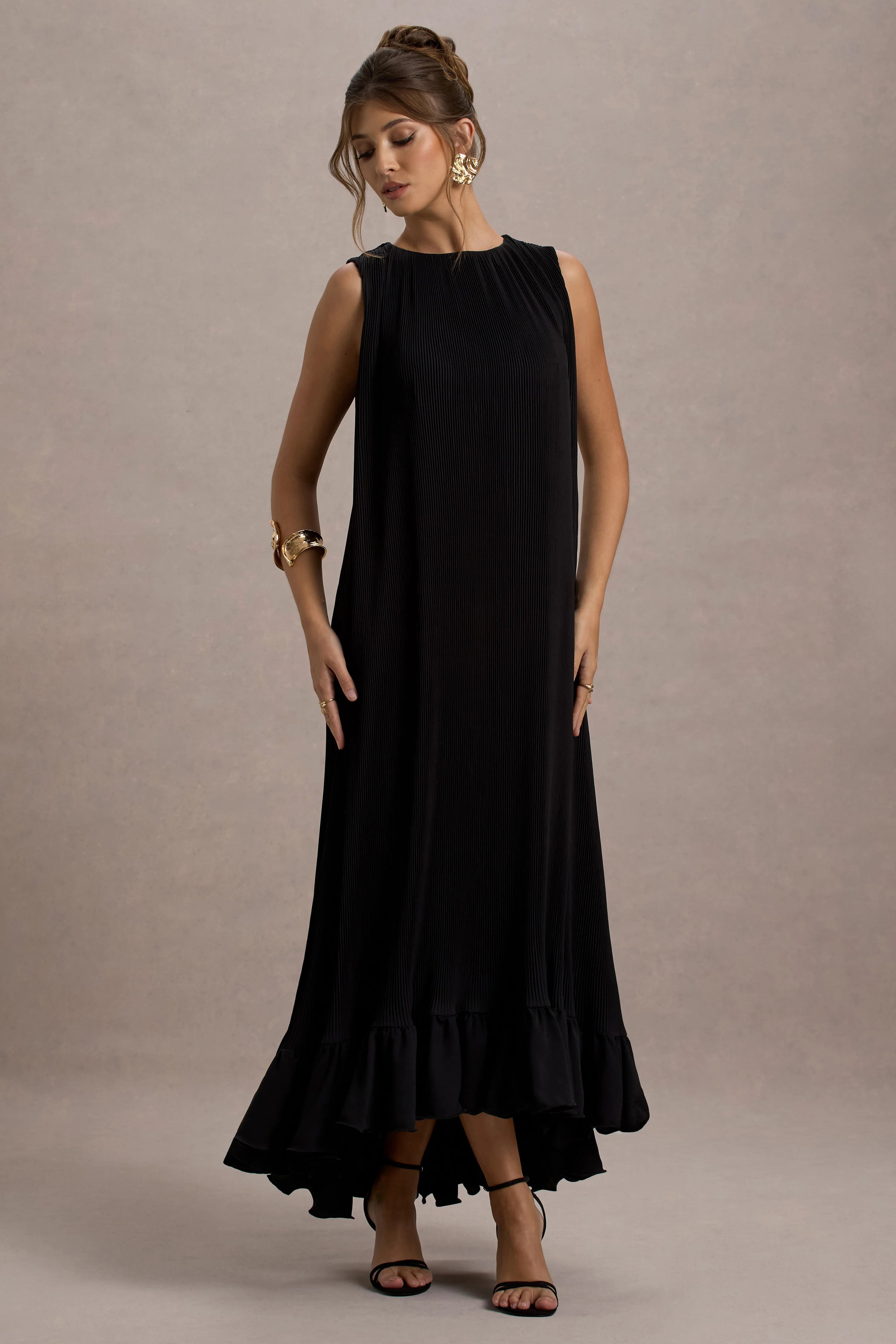 Hazelle | Black Chiffon A-Line Ruffled Maxi Dress - Image 5
