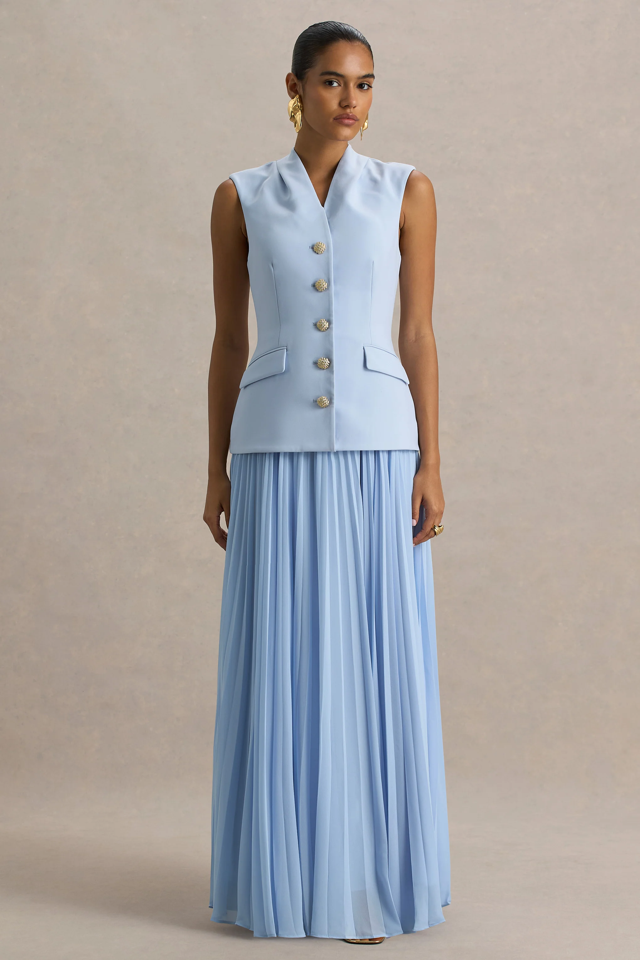 Heavenly | Powder Blue High Neck Maxi Dress With Pleated Detailing - Image 3