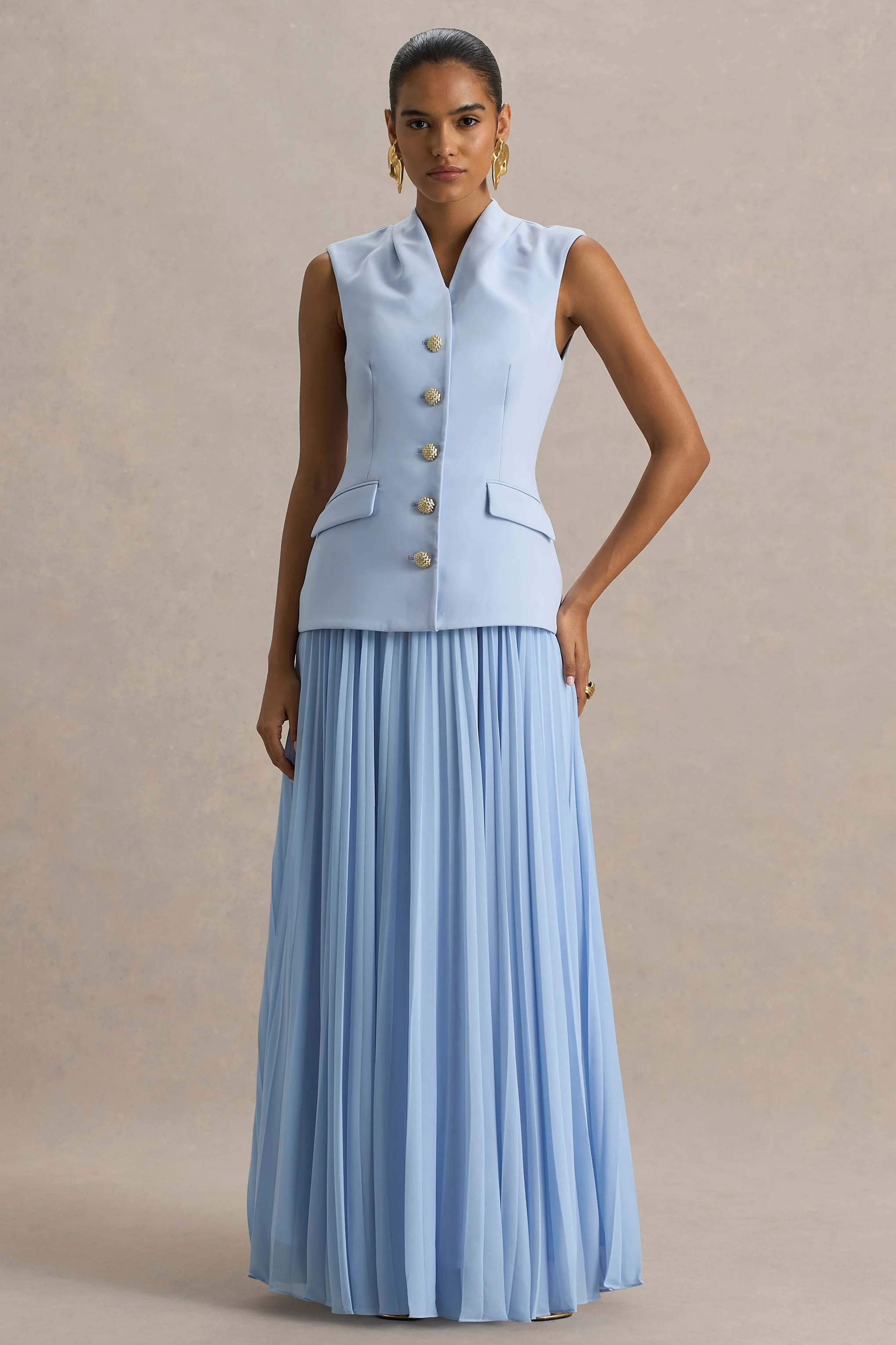 Heavenly | Powder Blue High Neck Maxi Dress With Pleated Detailing - Image 5