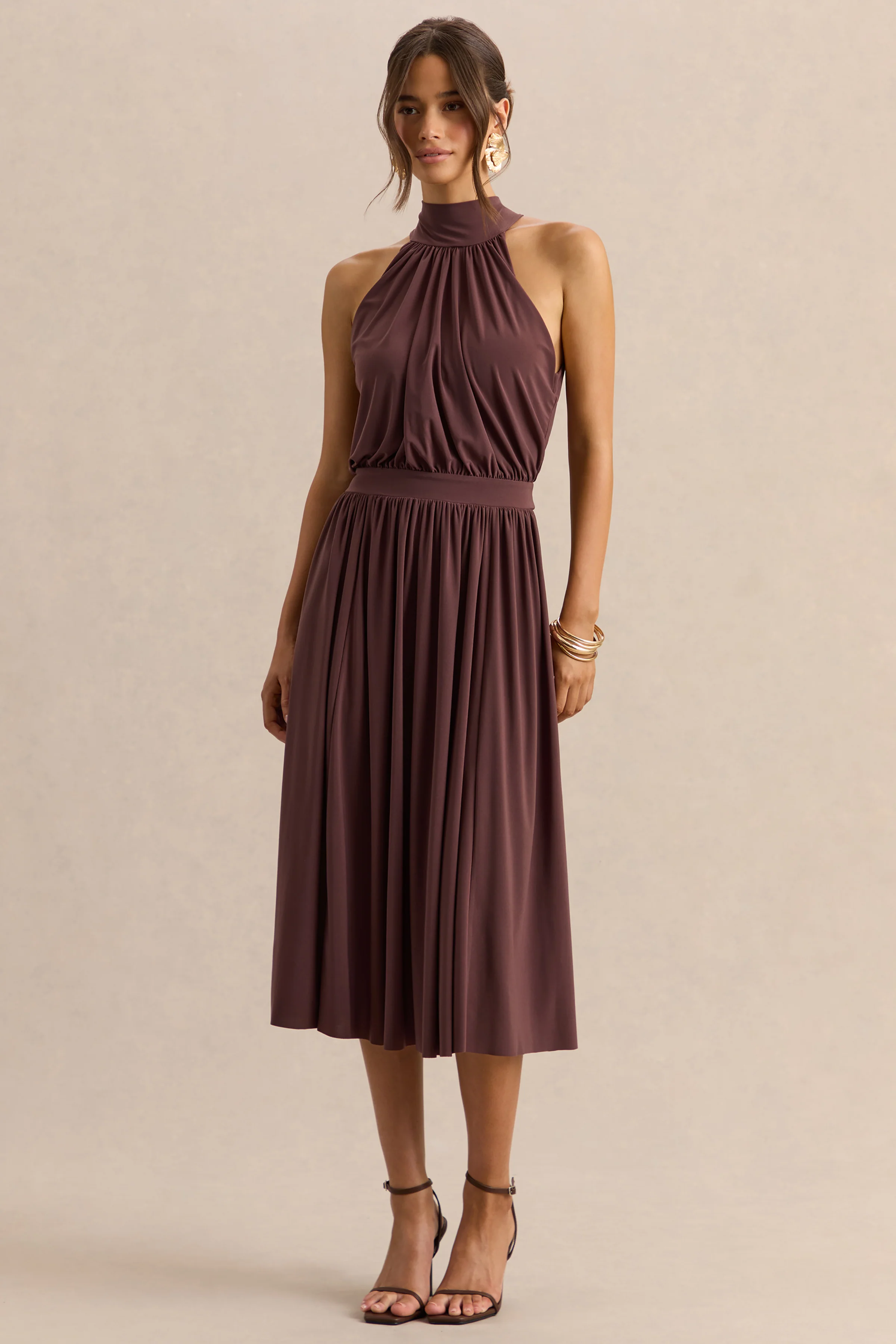 Hedira | Brown High-Neck Midi Dress - Image 6