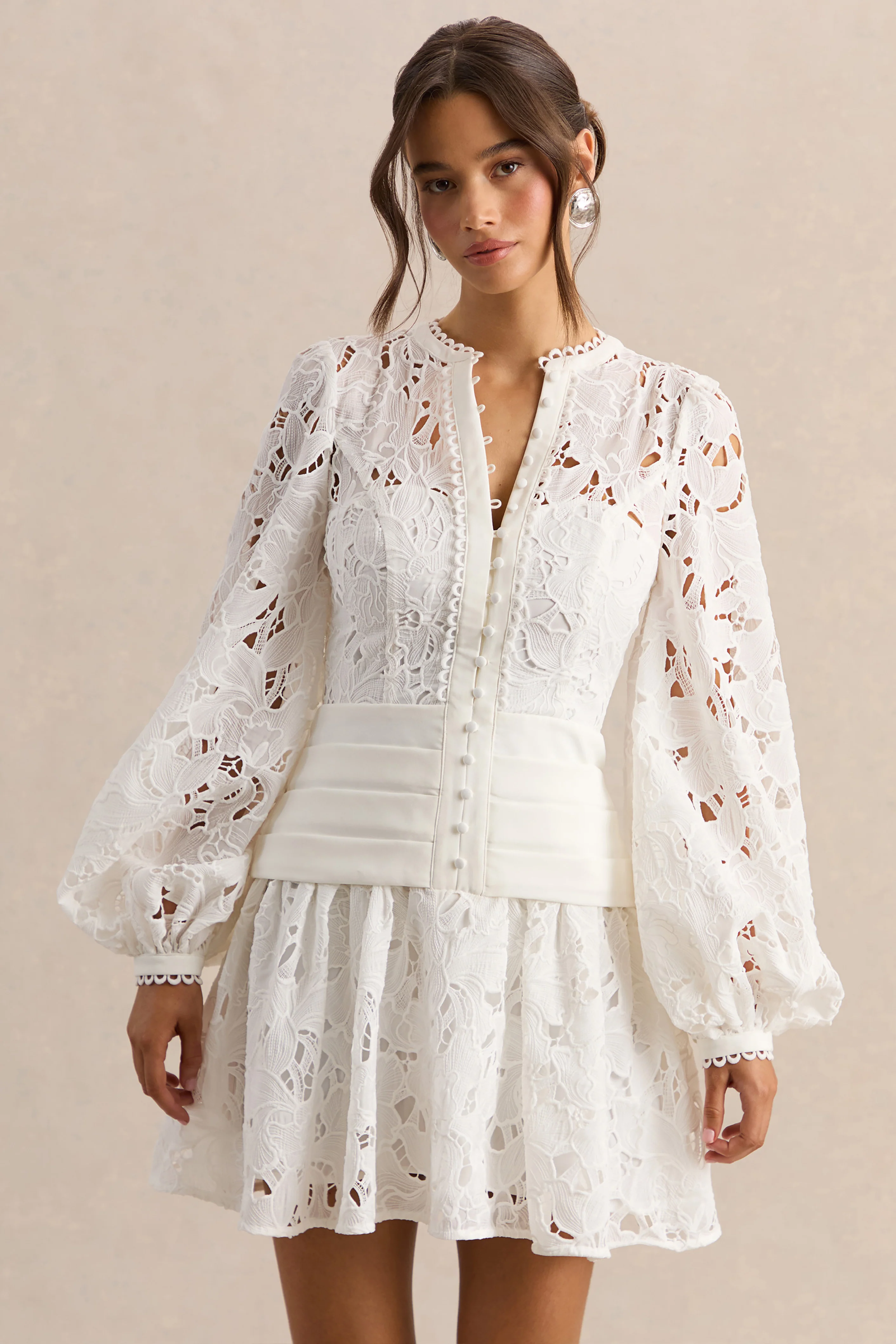 Helena | White Crew-Neck Mini Dress With Puff-Sleeves and Pleated Skirt - Image 5