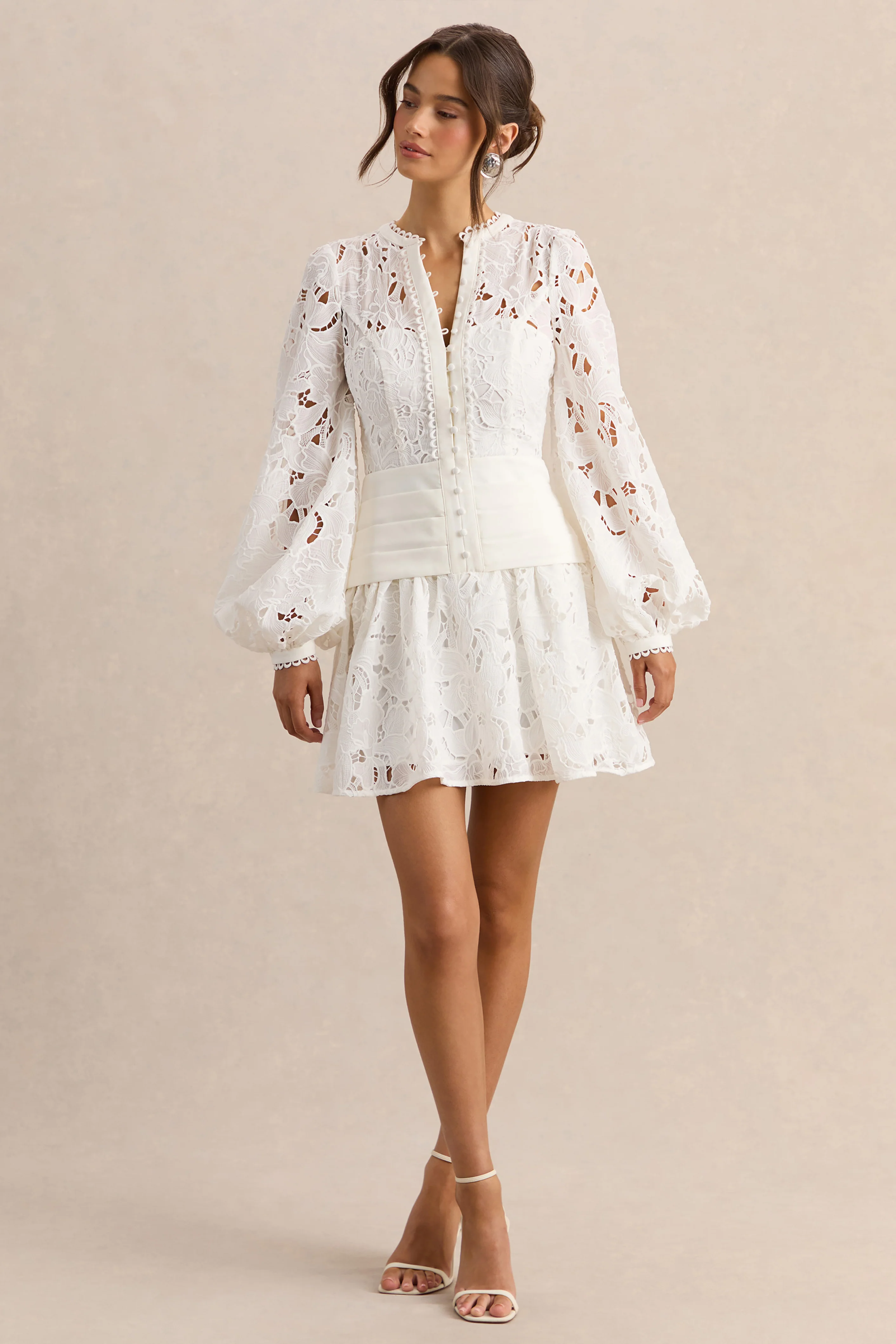 Helena | White Crew-Neck Mini Dress With Puff-Sleeves and Pleated Skirt - Image 6