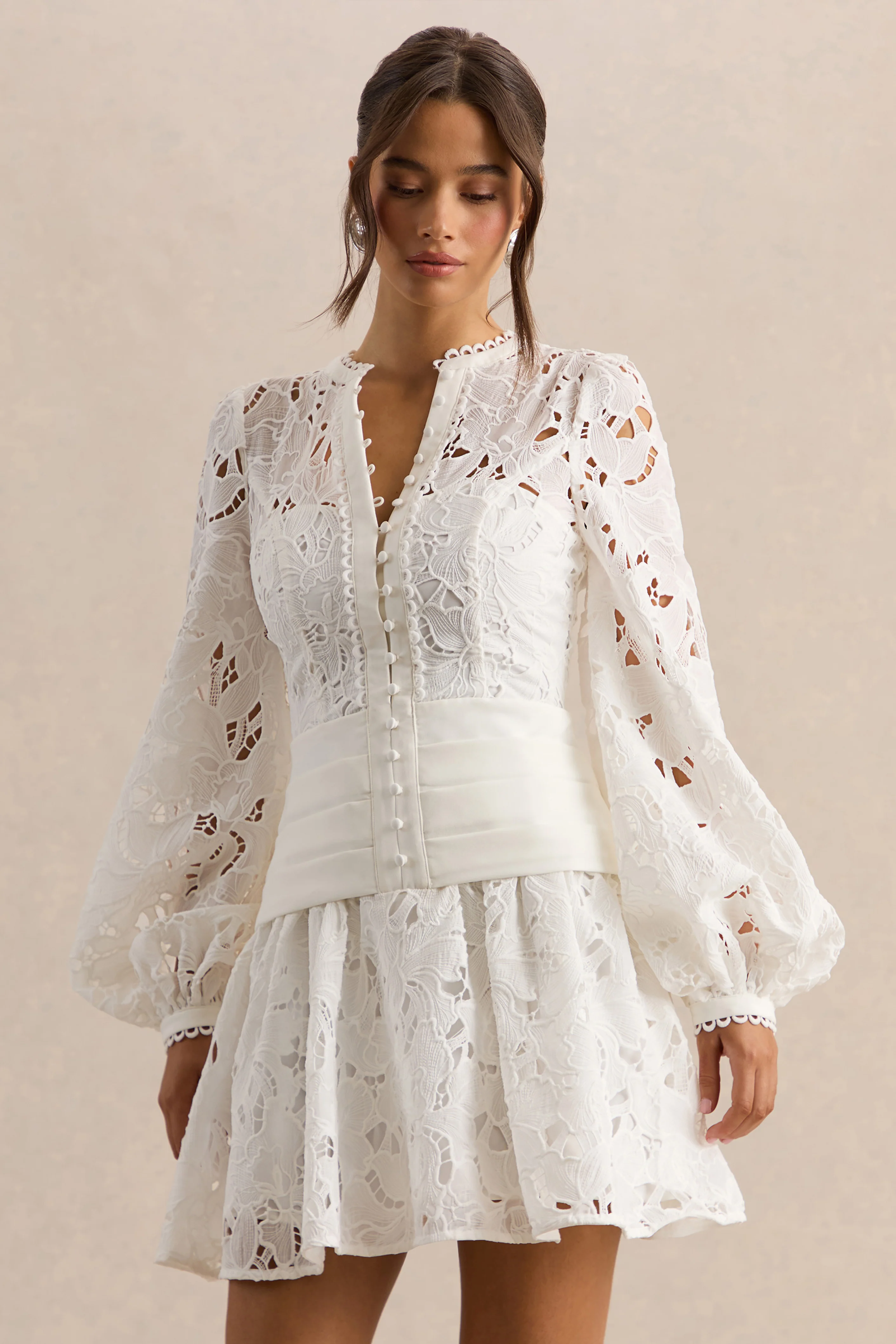 Helena | White Crew-Neck Mini Dress With Puff-Sleeves and Pleated Skirt - Image 7