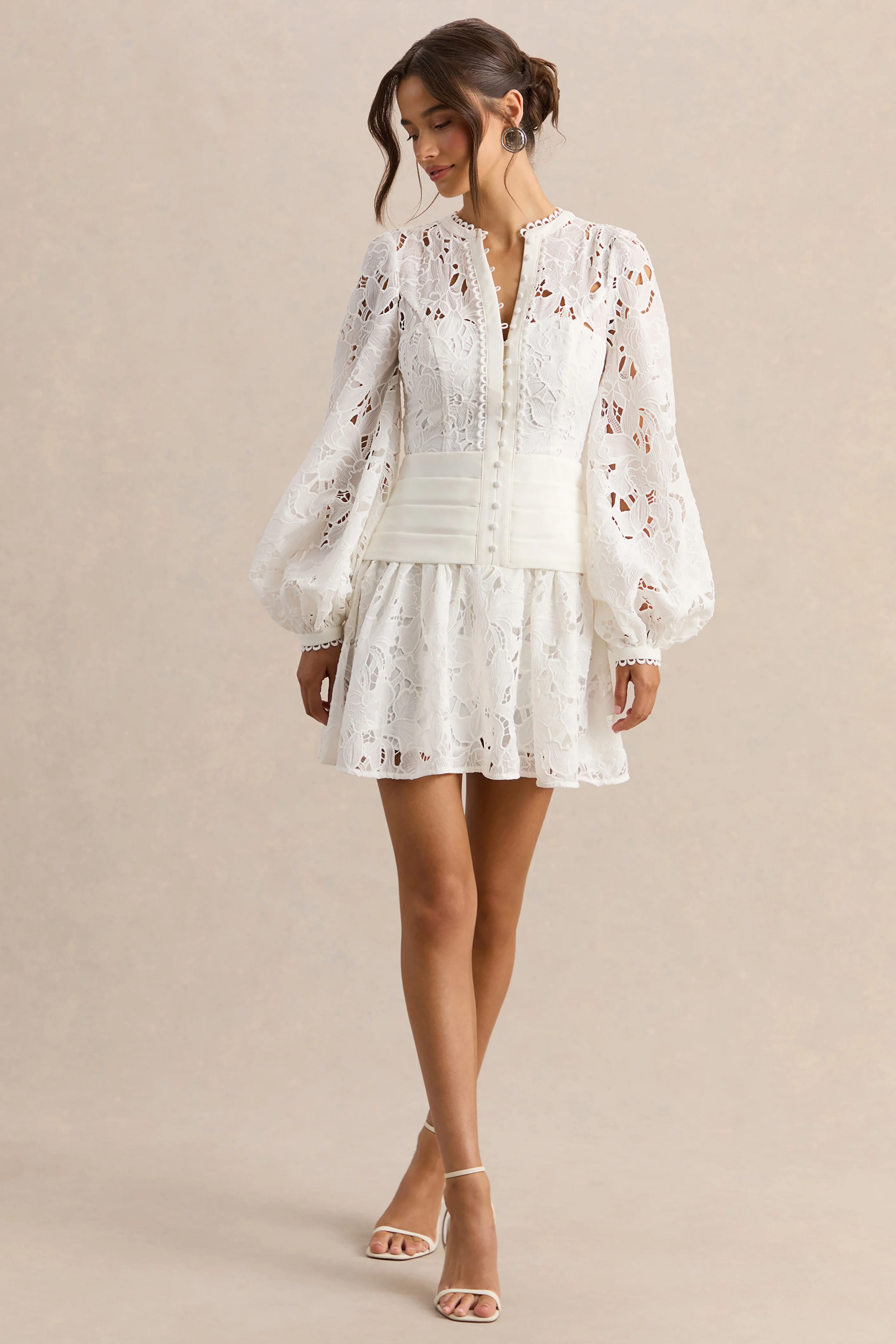Helena | White Crew-Neck Mini Dress With Puff-Sleeves and Pleated Skirt - Image 9