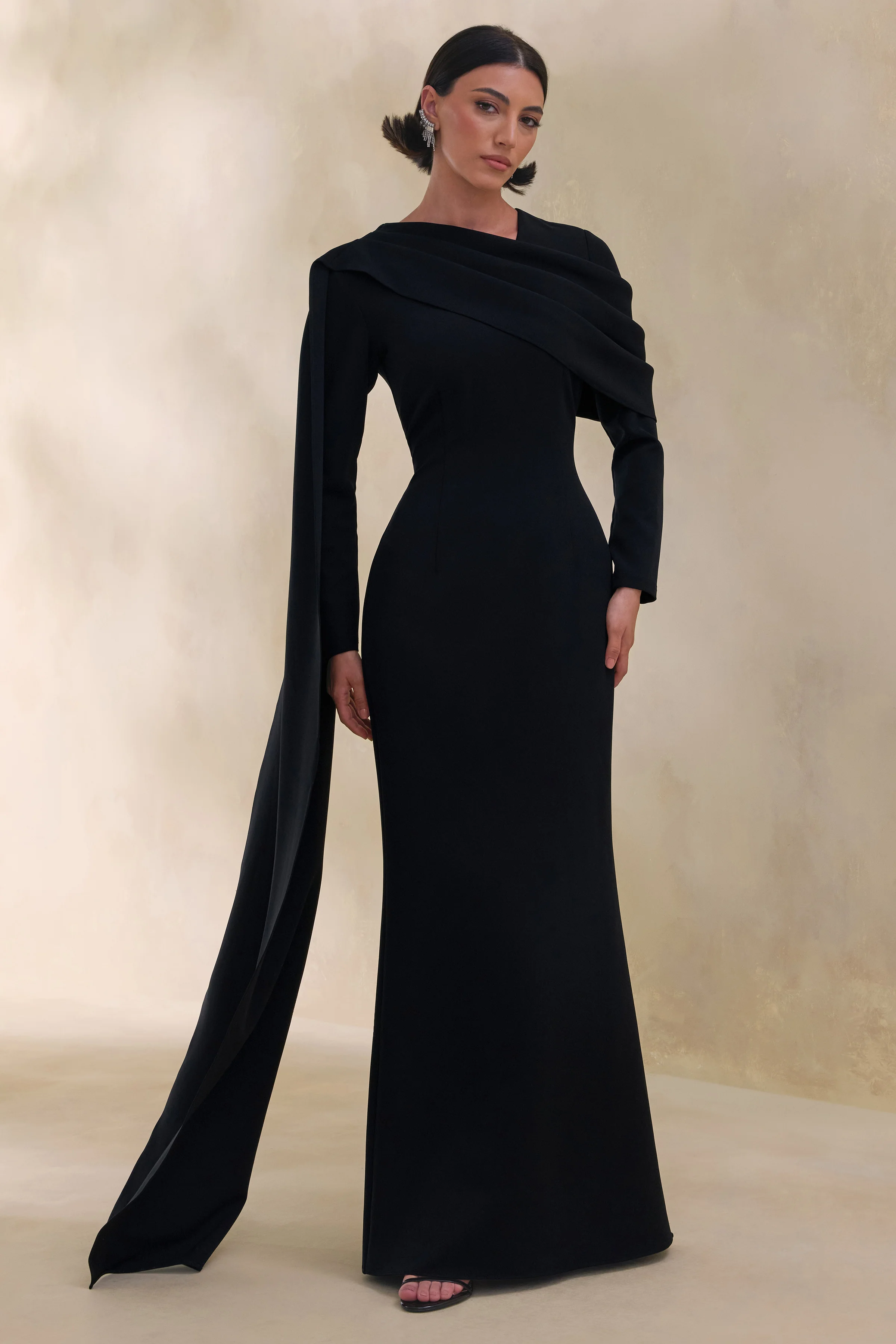 Heliora | Black V-Neck Maxi Dress With Sash And Draped-Detail - Image 13