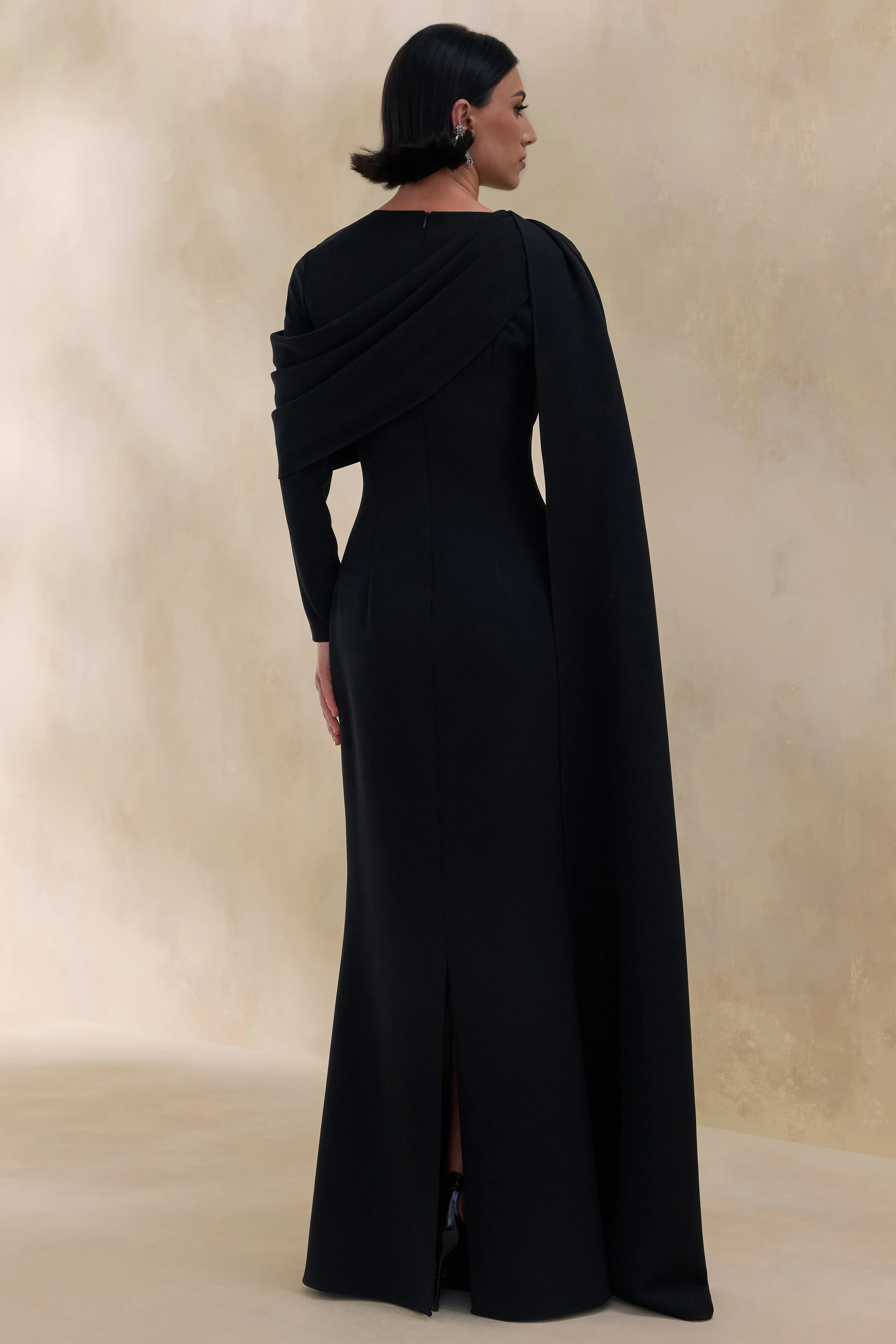 Heliora | Black V-Neck Maxi Dress With Sash And Draped-Detail - Image 2