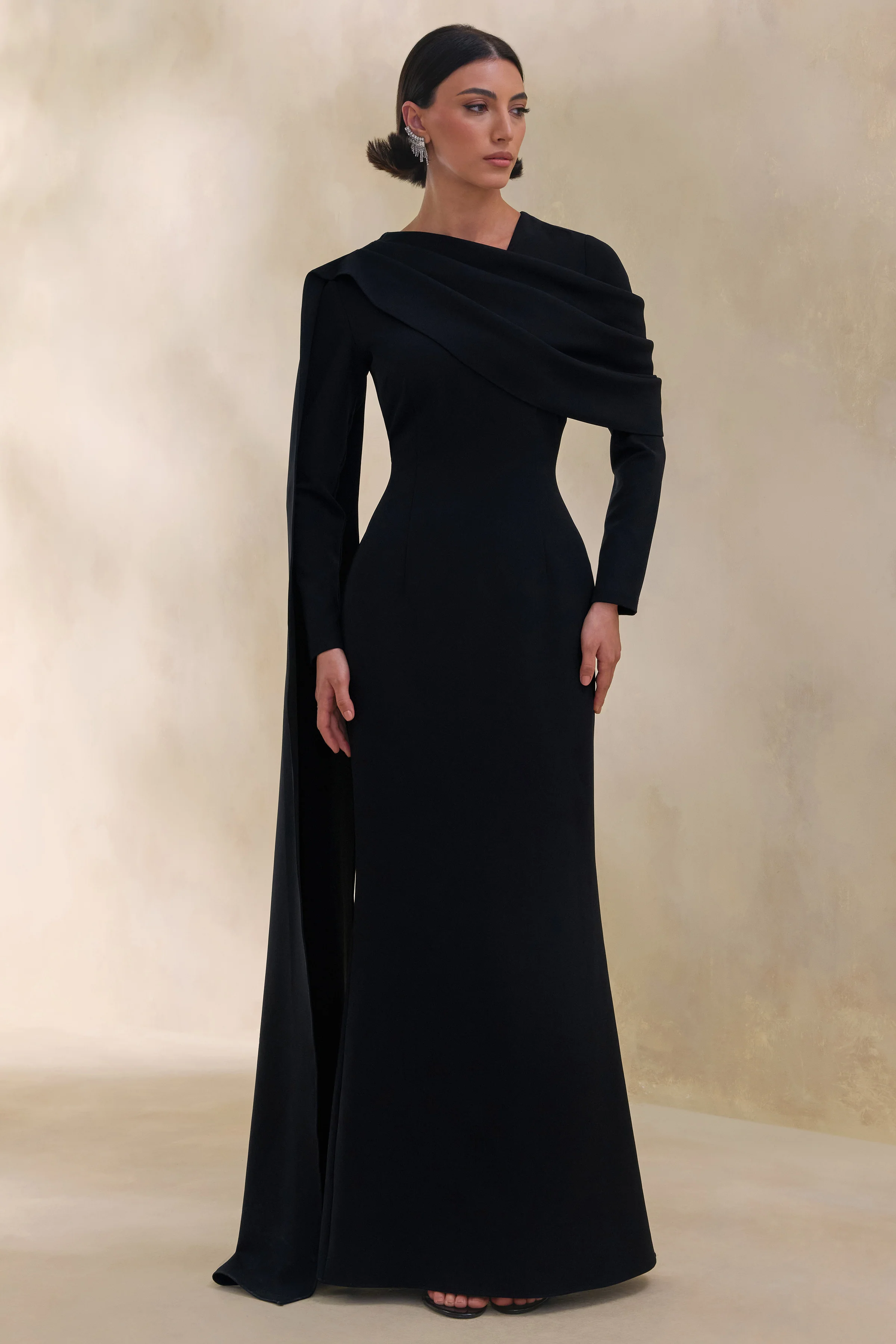 Heliora | Black V-Neck Maxi Dress With Sash And Draped-Detail - Image 4
