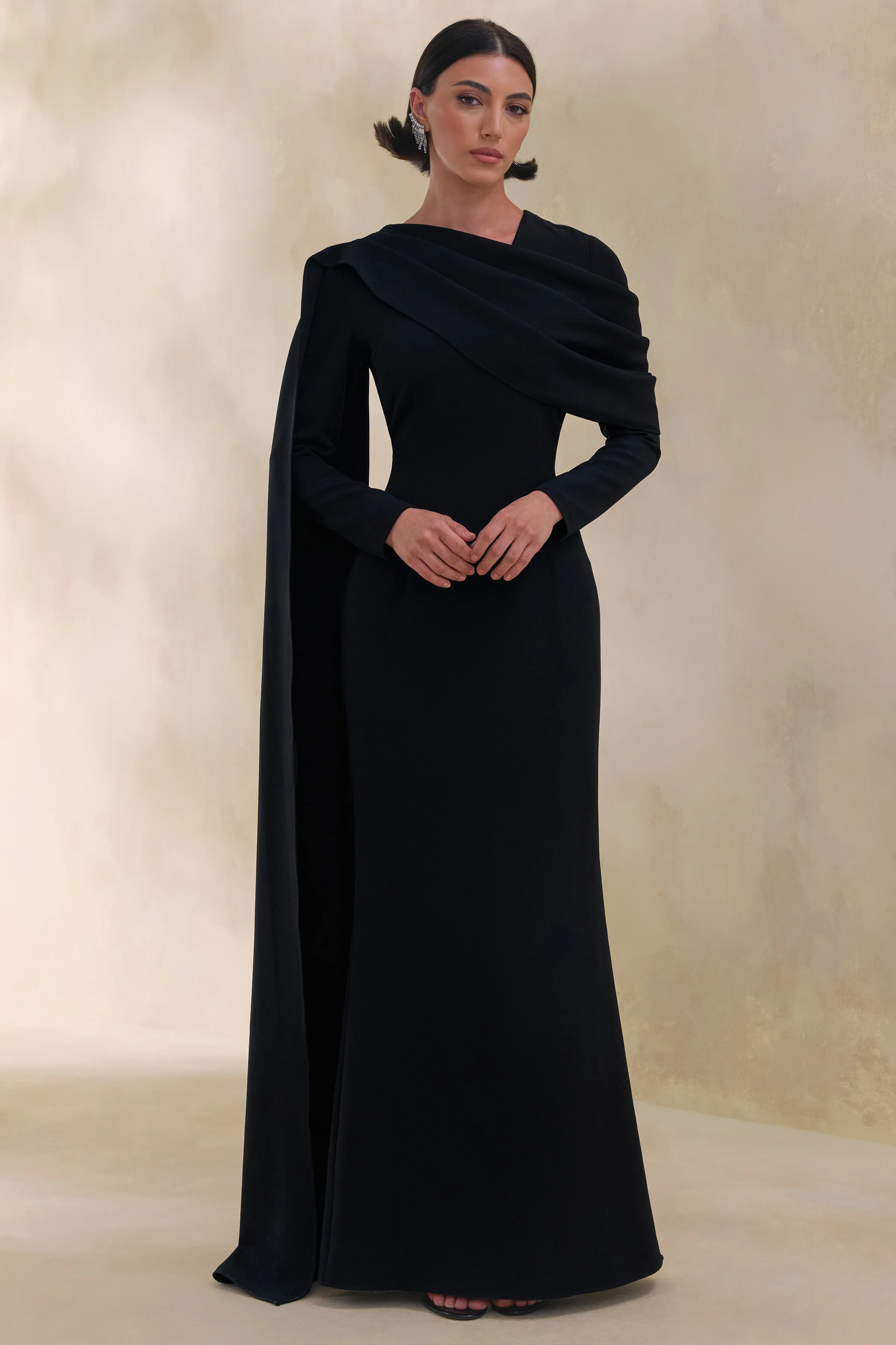 Heliora | Black V-Neck Maxi Dress With Sash And Draped-Detail - Image 5