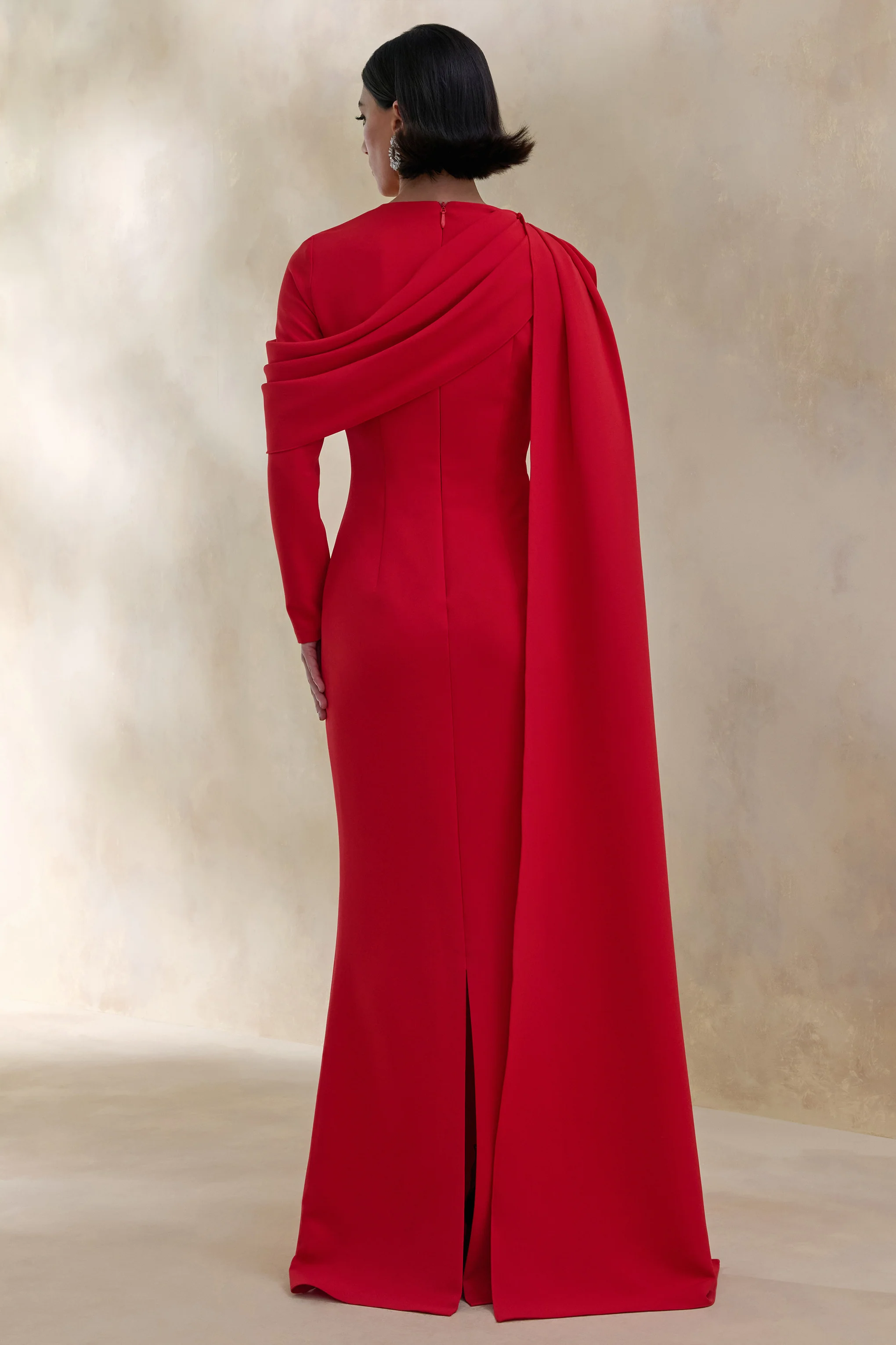 Heliora | Red V-Neck Maxi Dress With Sash And Draped-Detail - Image 2