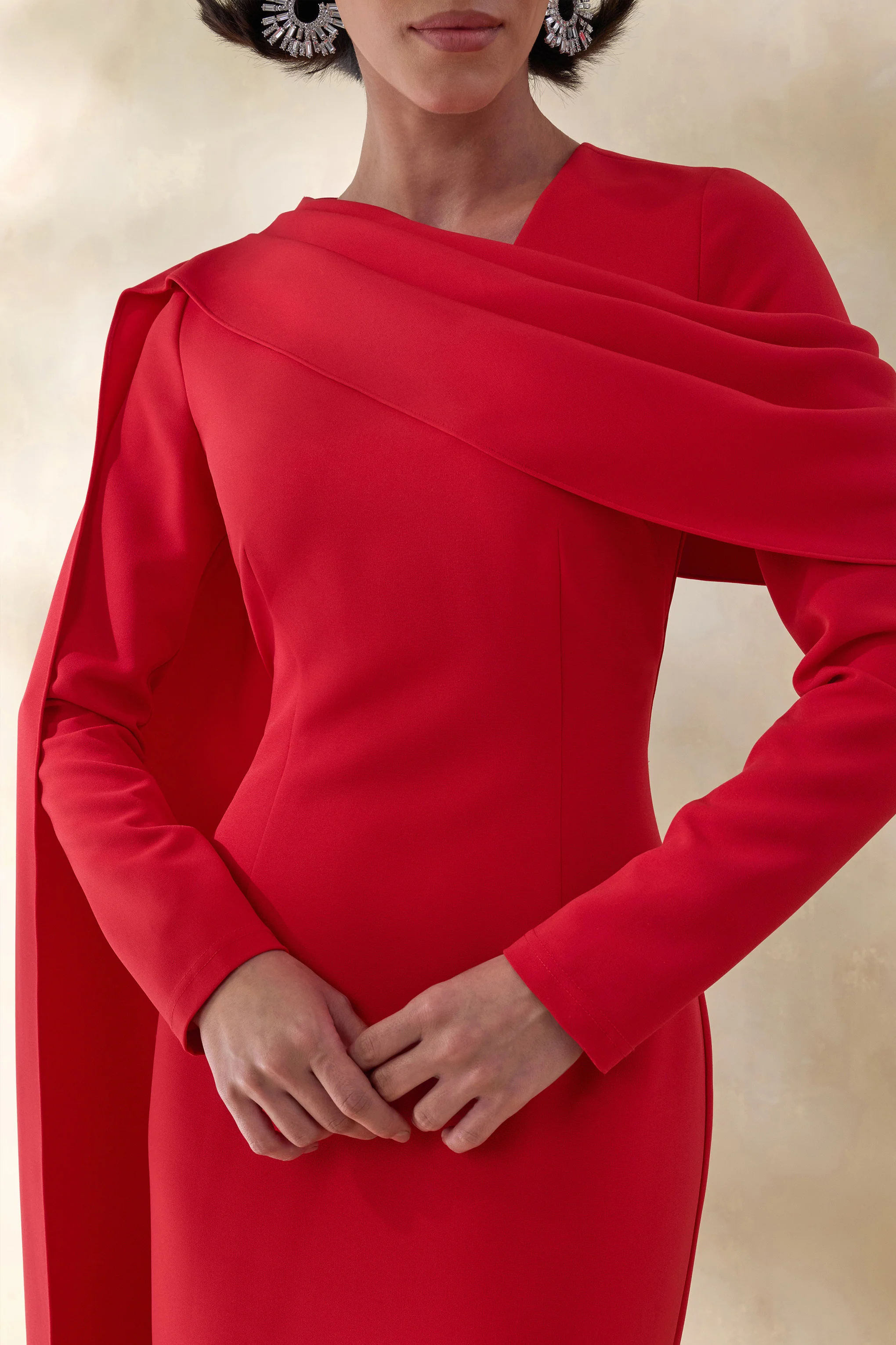 Heliora | Red V-Neck Maxi Dress With Sash And Draped-Detail - Image 3