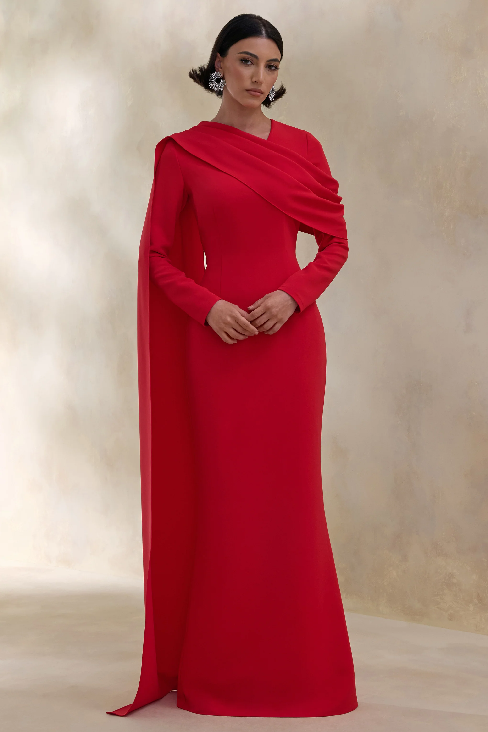 Heliora | Red V-Neck Maxi Dress With Sash And Draped-Detail - Image 5
