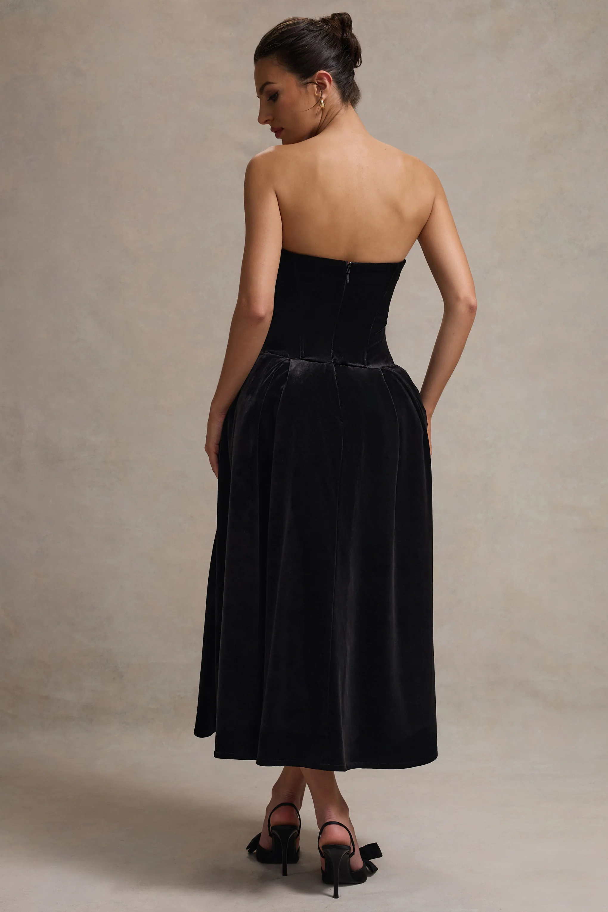 Hepburn | Black Velvet Bandeau Midi Dress With Bow - Image 3