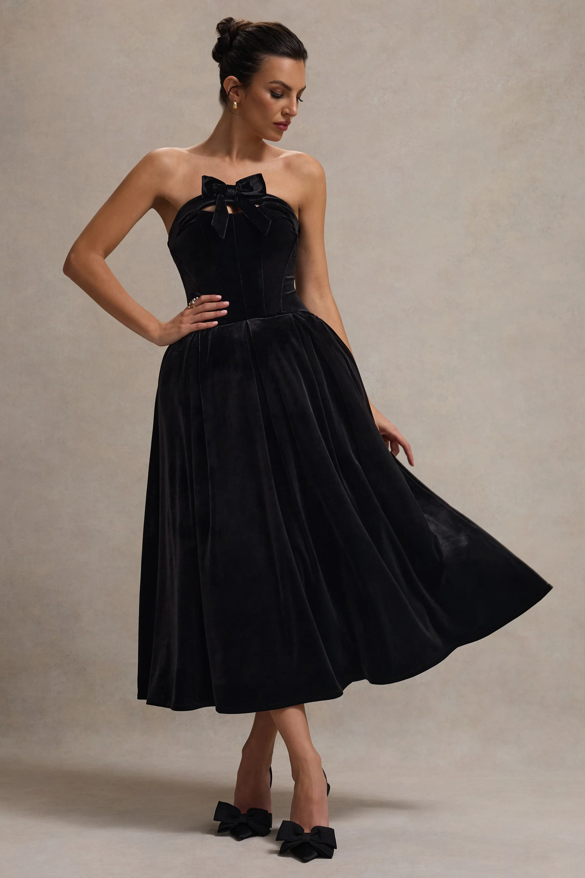 Hepburn | Black Velvet Bandeau Midi Dress With Bow - Image 5