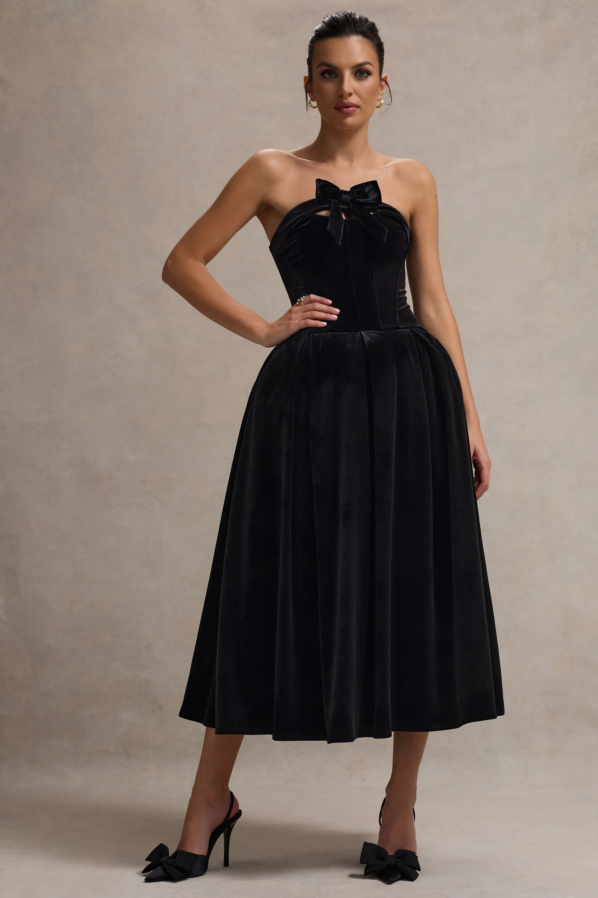 Hepburn | Black Velvet Bandeau Midi Dress With Bow - Image 6