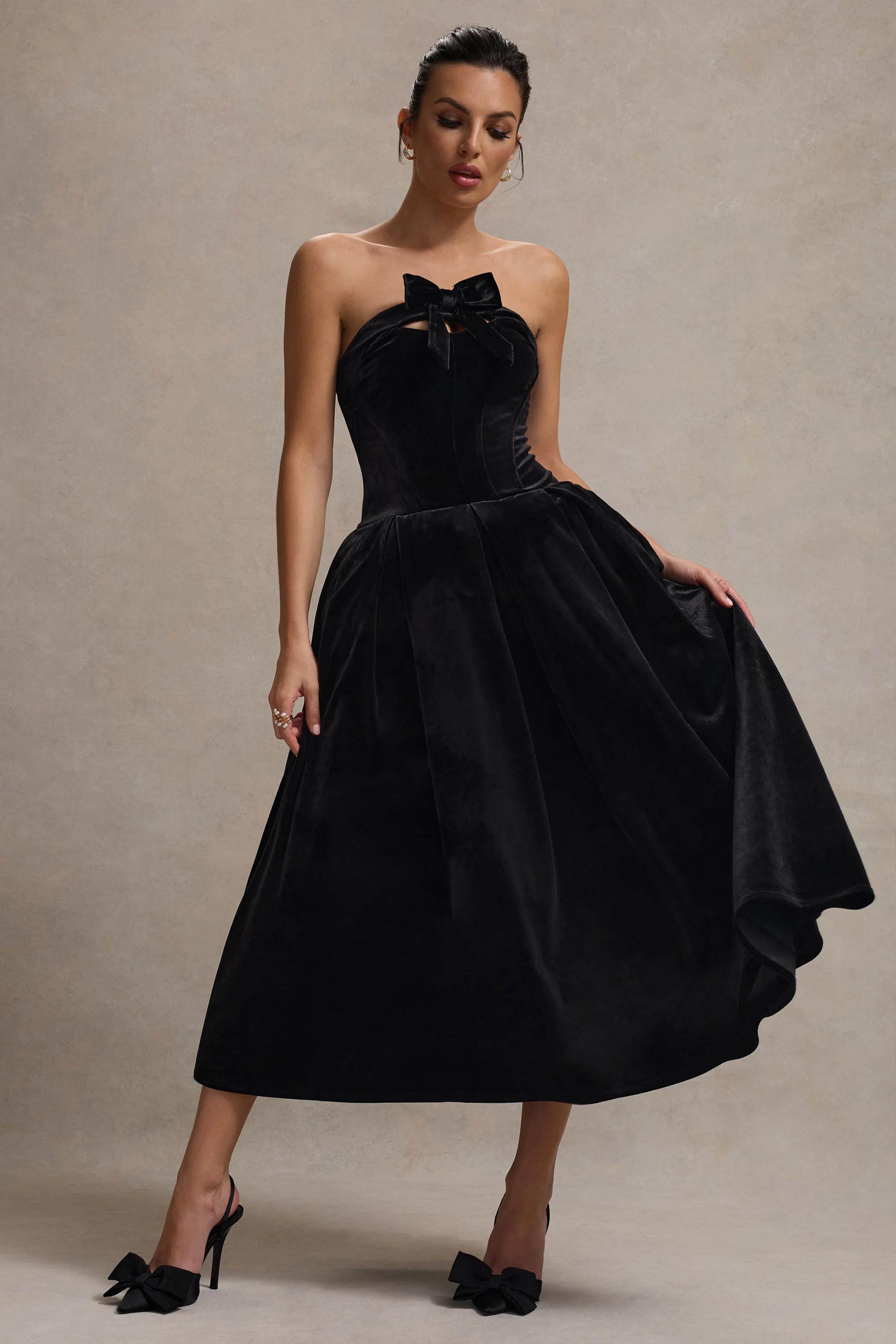 Hepburn | Black Velvet Bandeau Midi Dress With Bow - Image 7