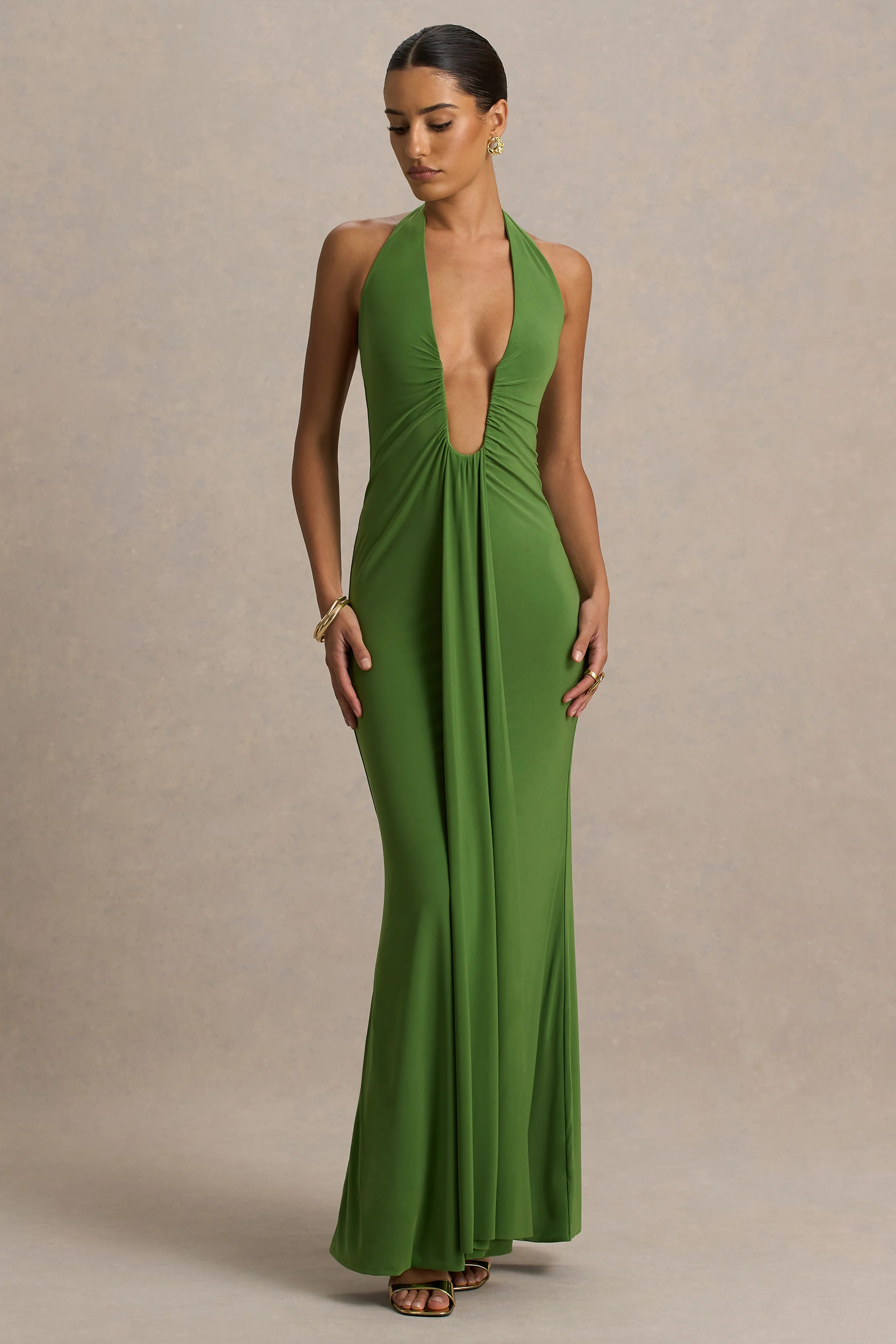 Hera | Green Extreme Plunge Maxi Dress With Ruched Detail - Image 5