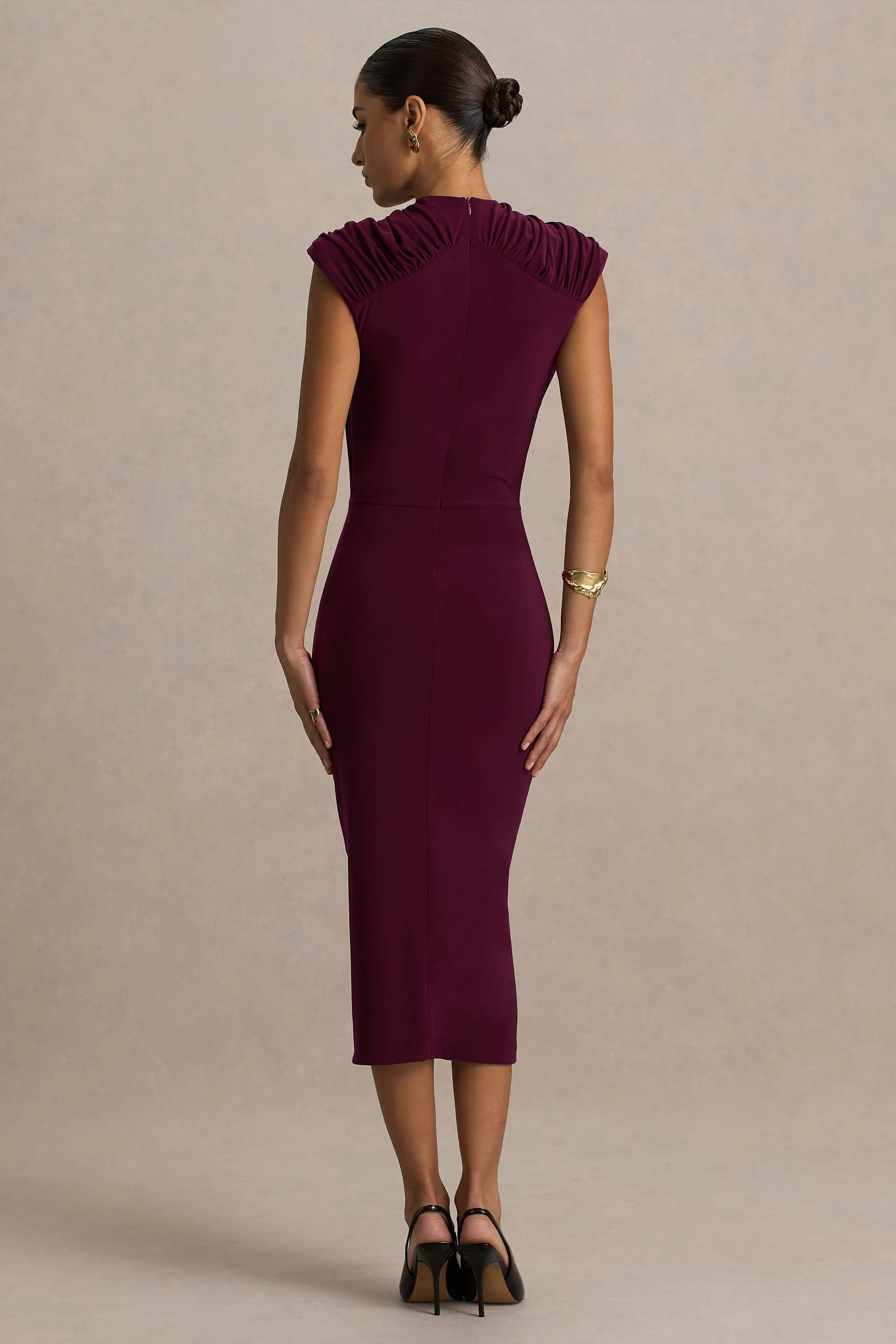 Hermia | Burgundy High-Neck Midi Dress - Image 2