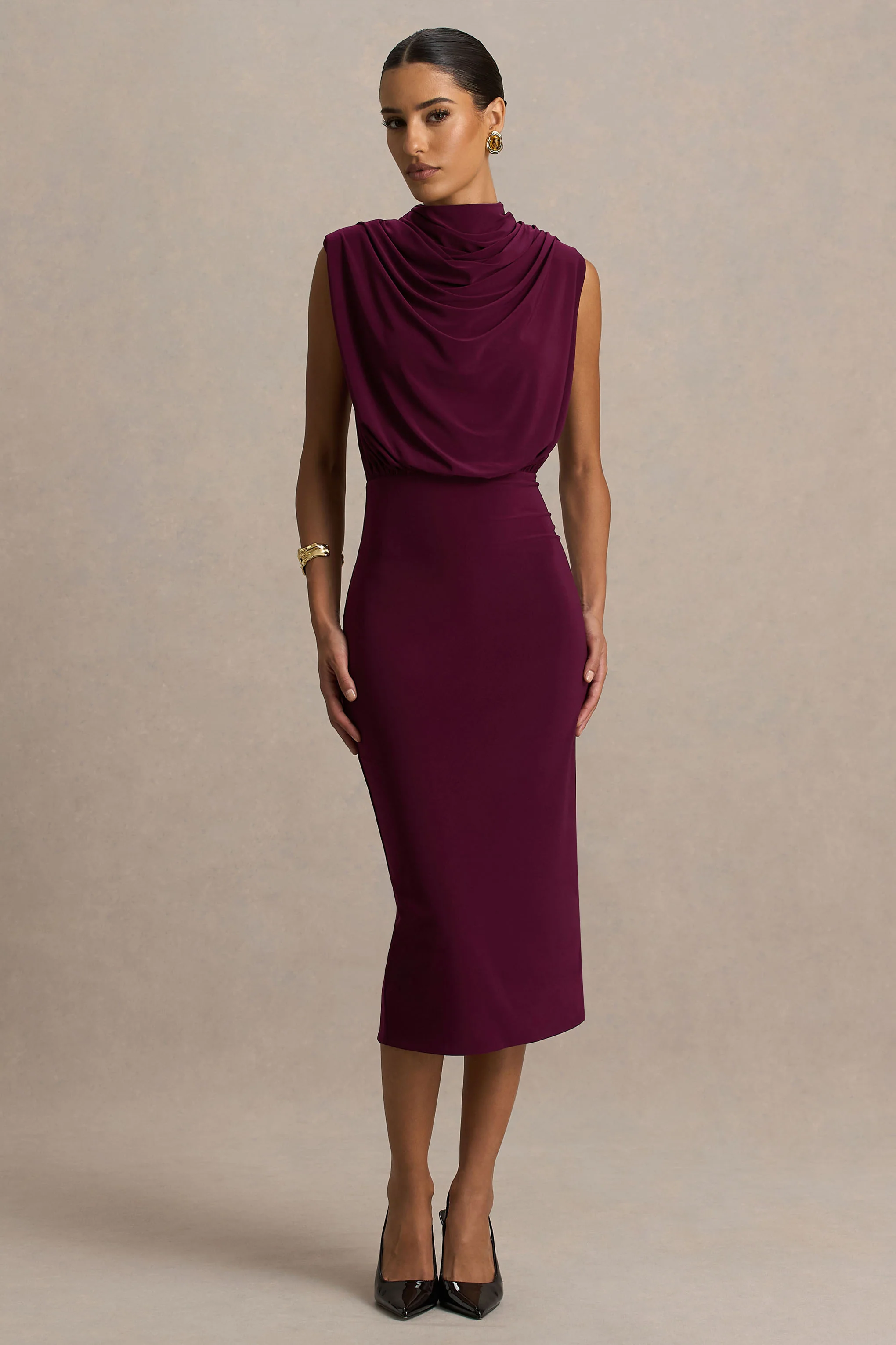 Hermia | Burgundy High-Neck Midi Dress - Image 4