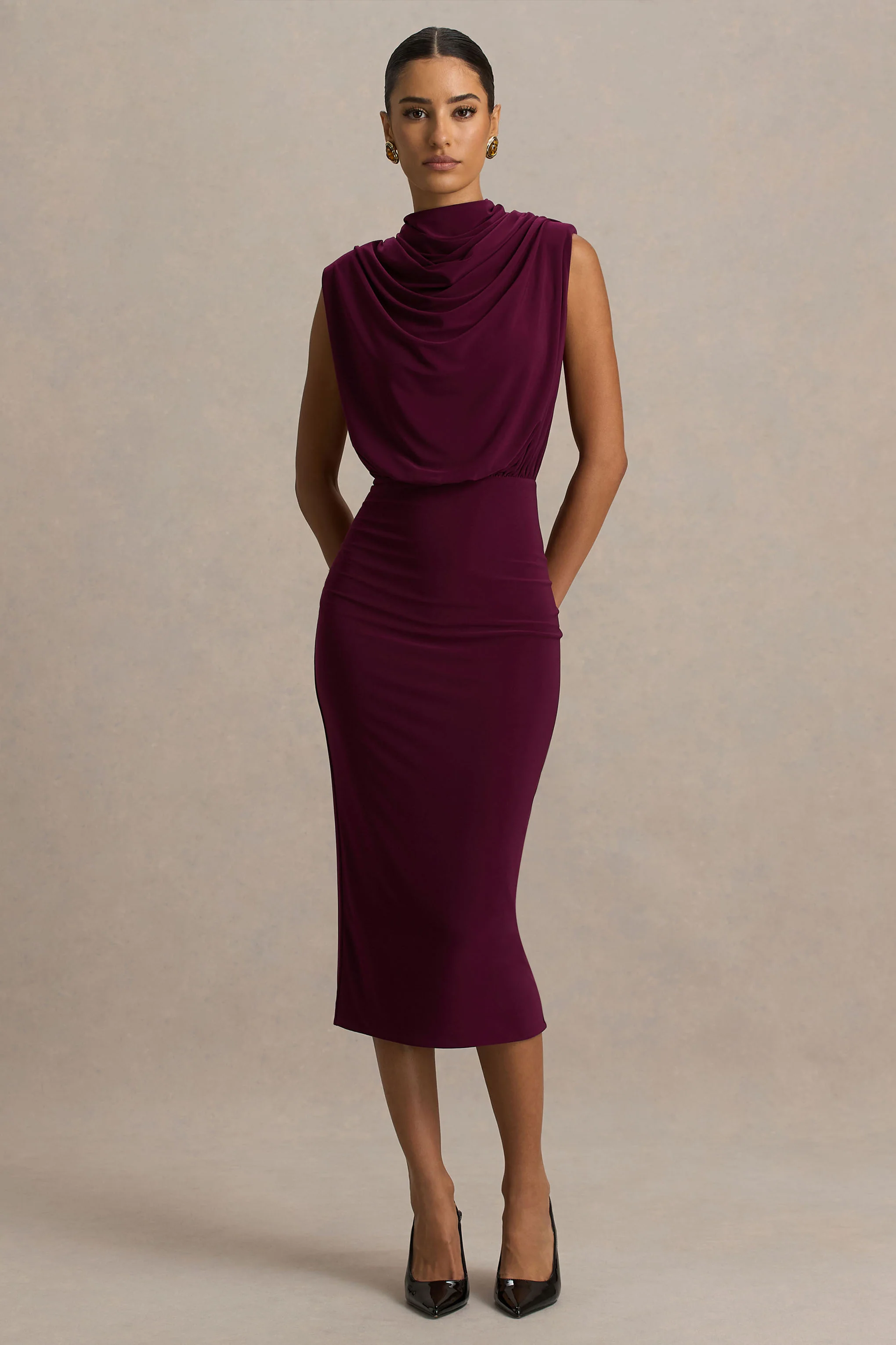 Hermia | Burgundy High-Neck Midi Dress - Image 5