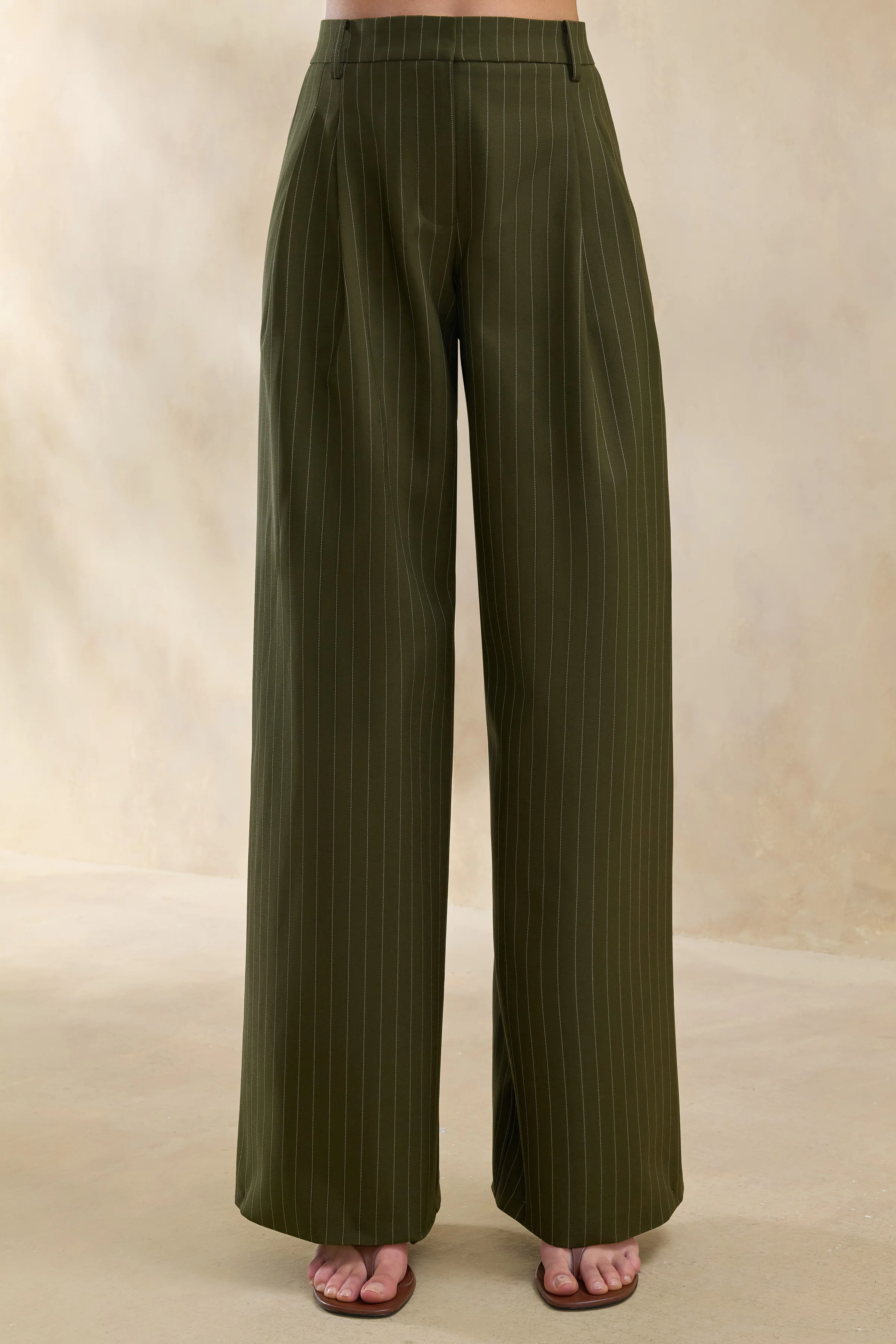 Hesper | Olive Pinstripe Wide-Leg Tailored Trouser - Image 7