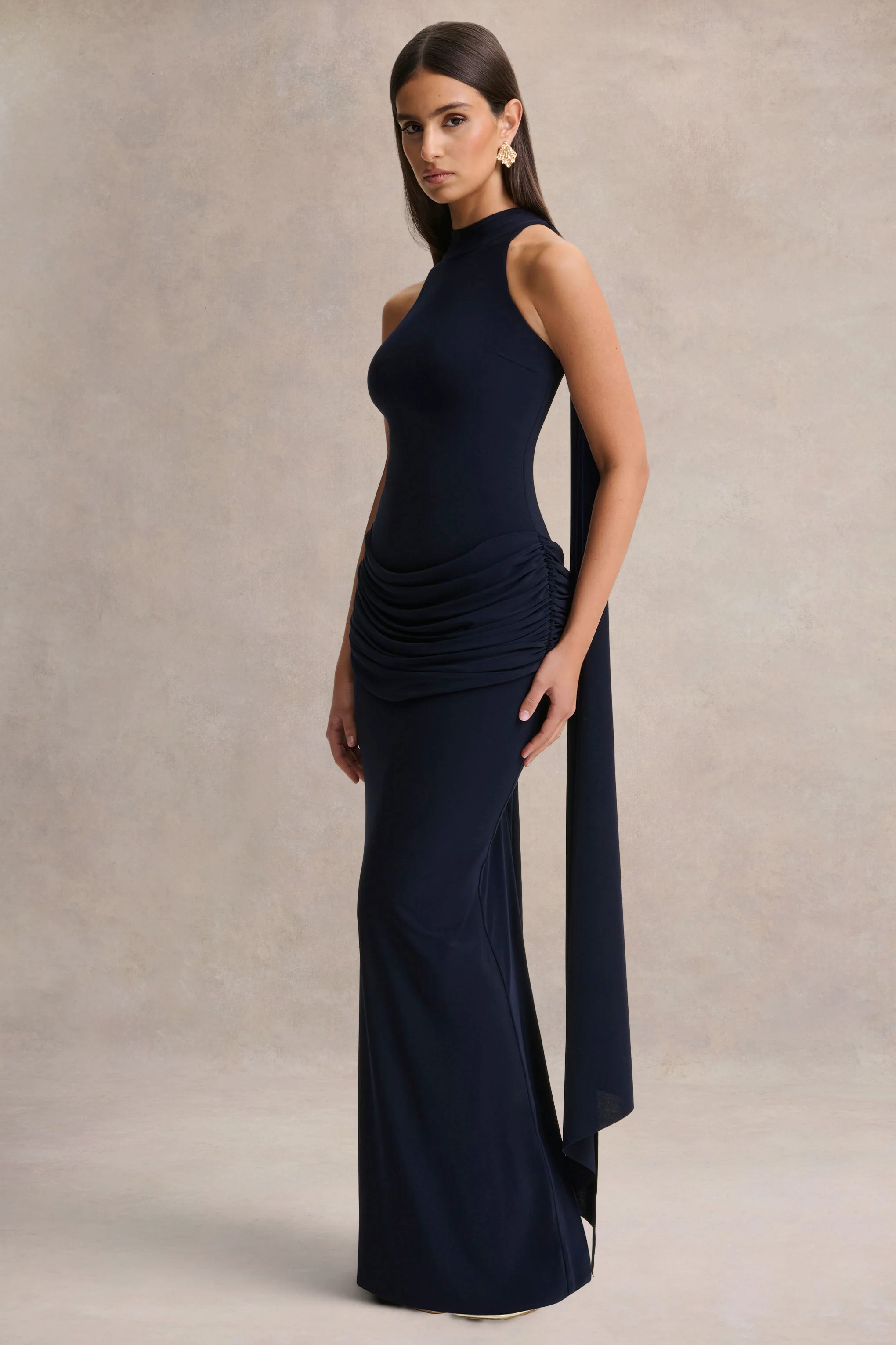 Hesperia | Navy High-Neck Maxi Dress With Draped-Detailing And Scarf - Image 3