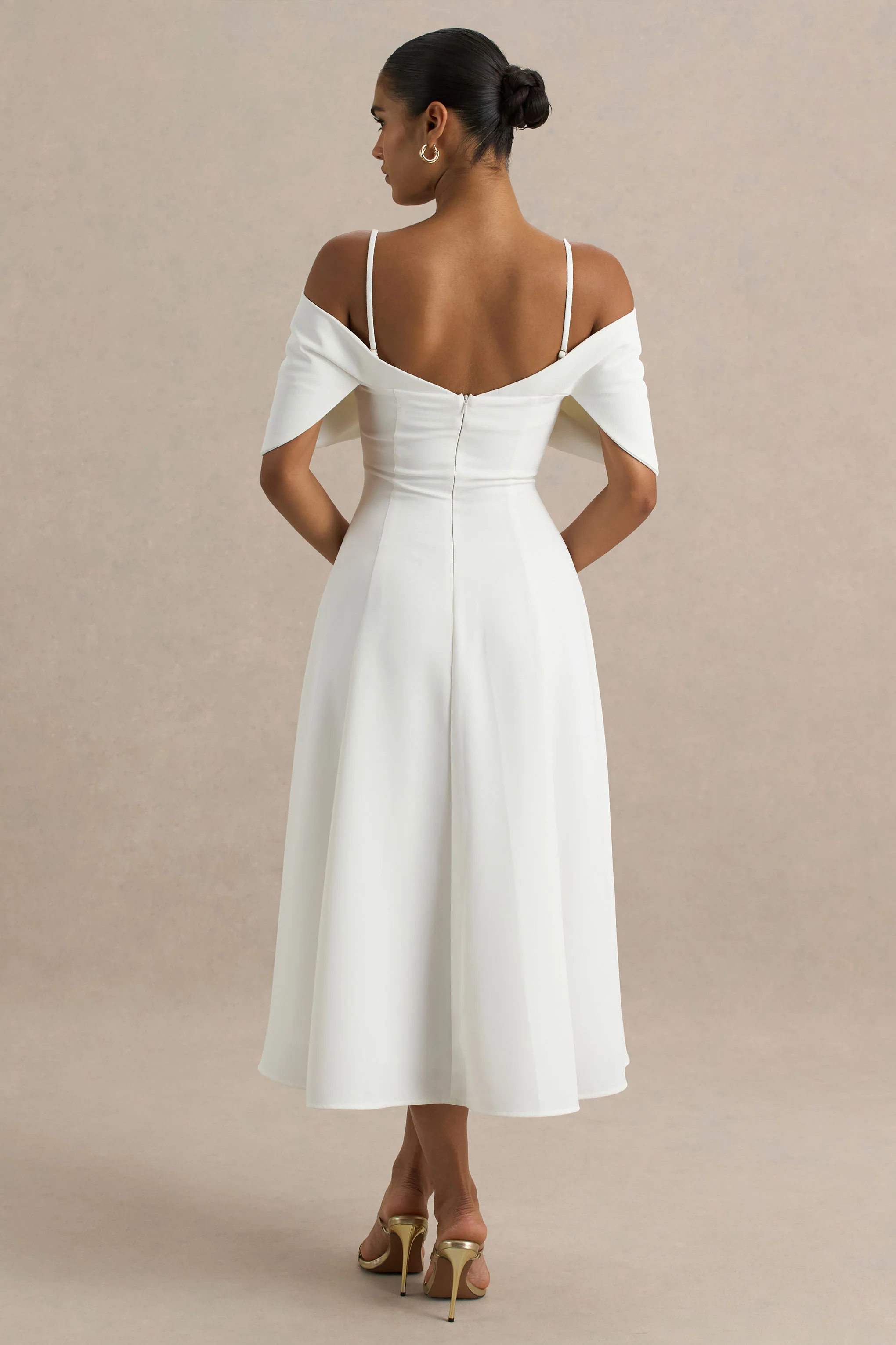 Hettie | White Short-Sleeve Bardot Midi Dress With Bow Detail - Image 2