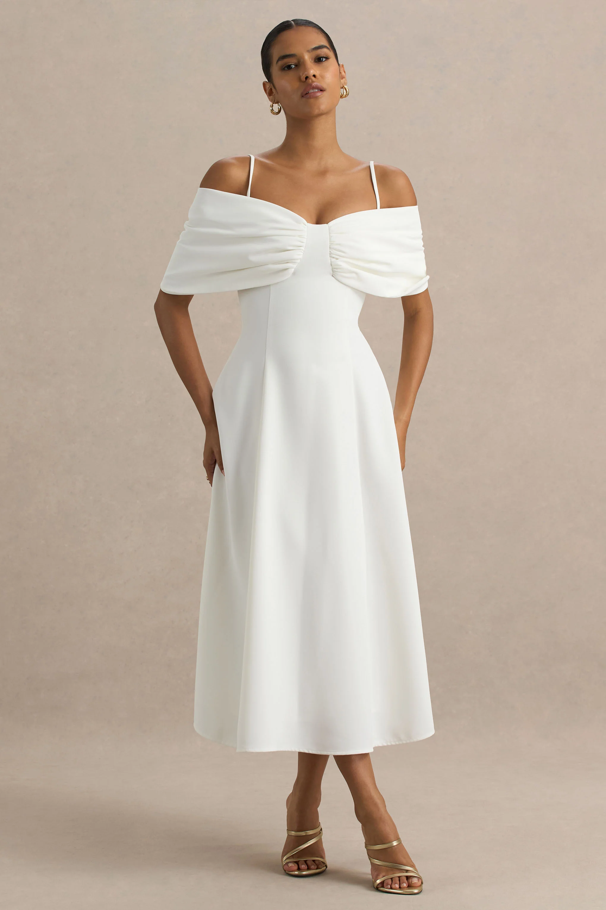 Hettie | White Short-Sleeve Bardot Midi Dress With Bow Detail - Image 3