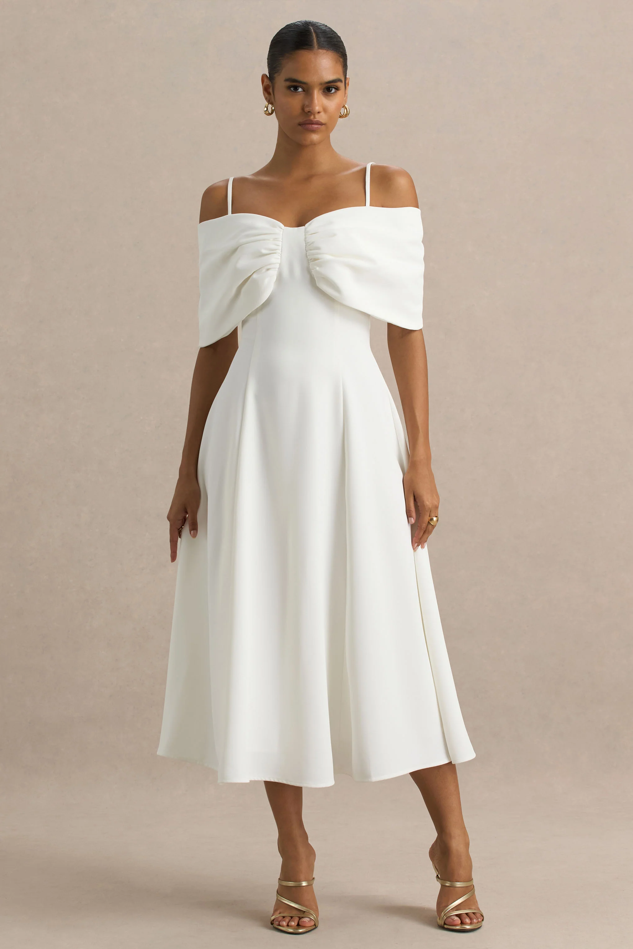 Hettie | White Short-Sleeve Bardot Midi Dress With Bow Detail - Image 4