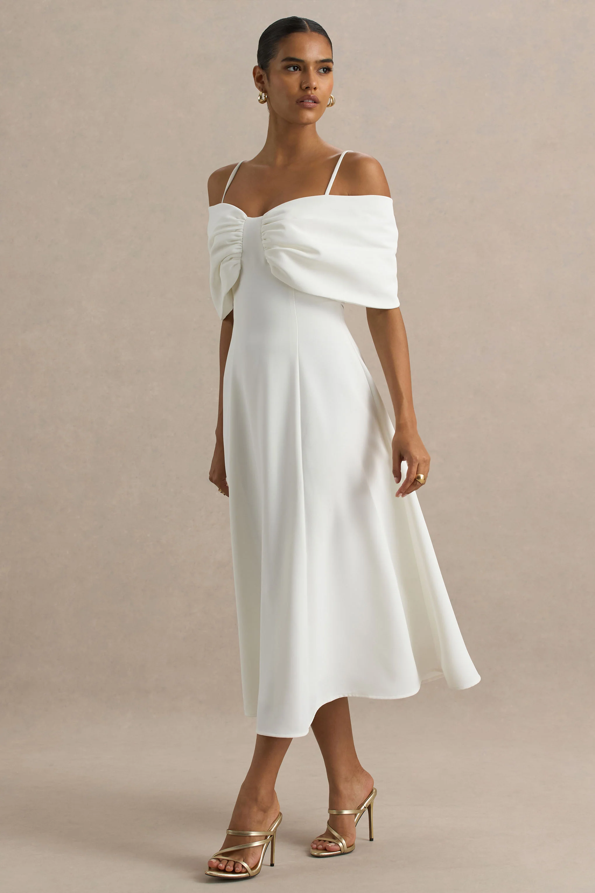 Hettie | White Short-Sleeve Bardot Midi Dress With Bow Detail - Image 5