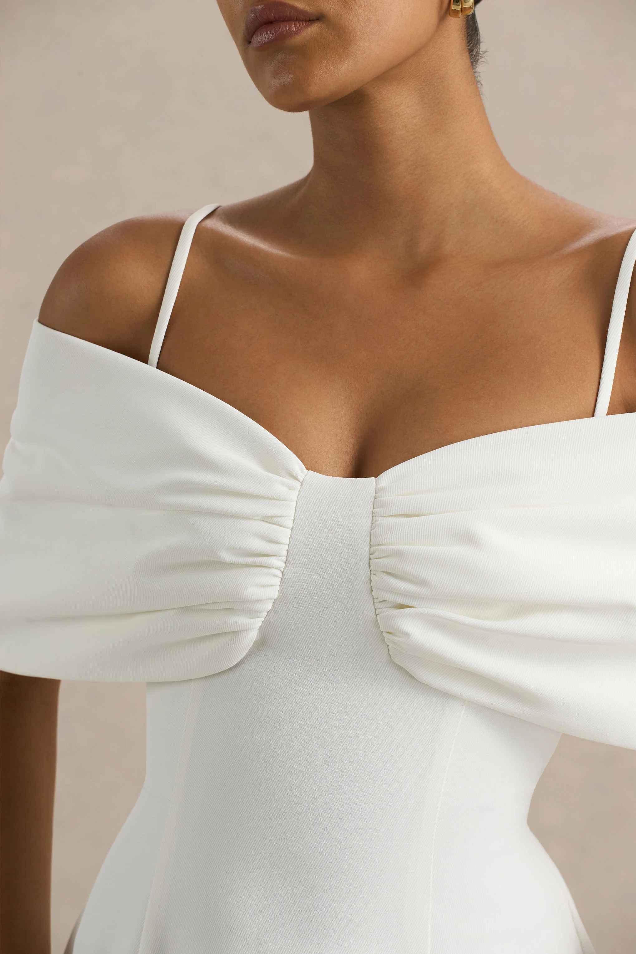 Hettie | White Short-Sleeve Bardot Midi Dress With Bow Detail - Image 7